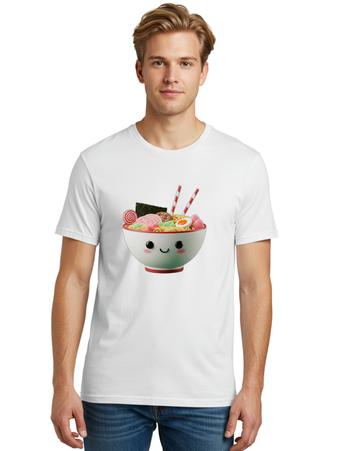 Bowl-Of-Ramen Men'S Graphic Tee, 100% Cotton, Comfortable Casual Summer Wear, Machine Washable, Kawaii Ramen Bowl, Cartoon Noodles, Cute Japanese Food, Happy Meal, Animated Bowl, Kawaii Culture, Japanese Cuisine, Ramen Love, Foodie Art, Bae362
