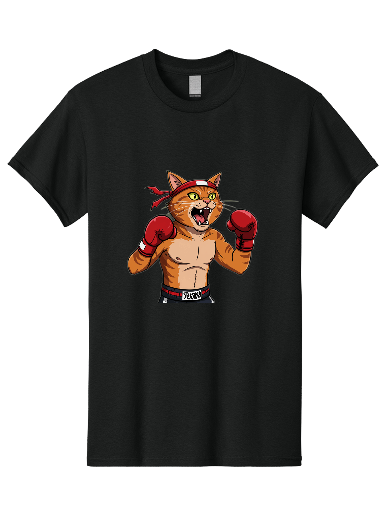 Boxing-Cat-1 Men'S Graphic Tee, 100% Cotton, Comfortable Casual Summer Wear, Machine Washable, Cartoon Cat, Goku, Boxing Gloves, Red Bandana, Muscular Physique, Confident Expression, Anime Style, Fighting Stance, Warrior Pose, Martial Arts, Bae363