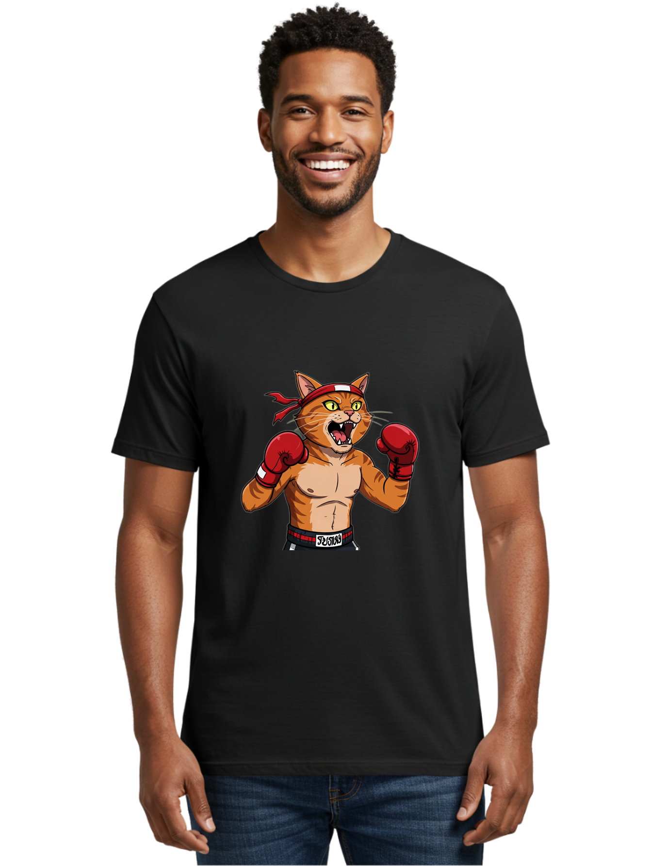 Boxing-Cat-1 Men'S Graphic Tee, 100% Cotton, Comfortable Casual Summer Wear, Machine Washable, Cartoon Cat, Goku, Boxing Gloves, Red Bandana, Muscular Physique, Confident Expression, Anime Style, Fighting Stance, Warrior Pose, Martial Arts, Bae363