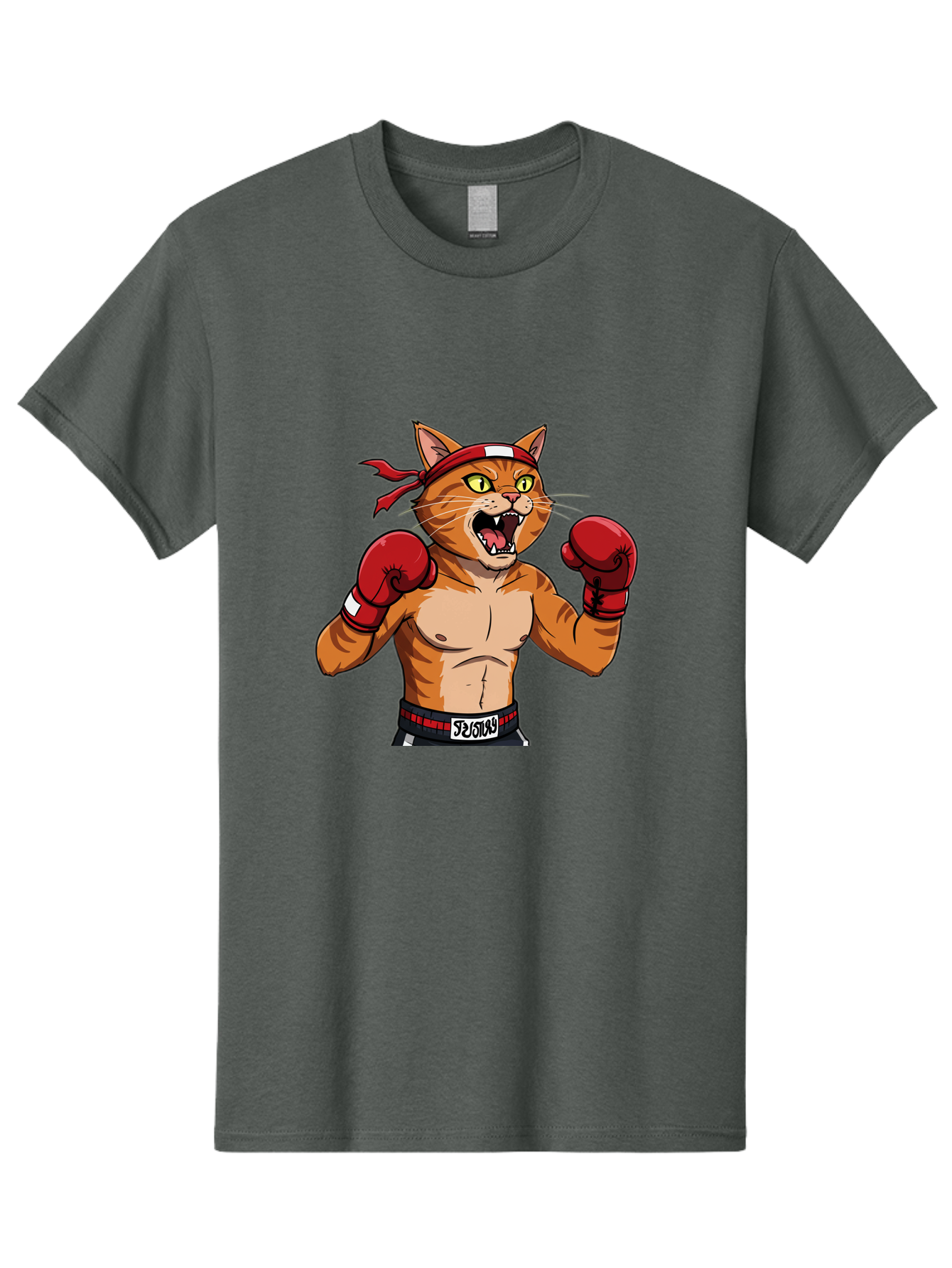 Boxing-Cat-1 Men'S Graphic Tee, 100% Cotton, Comfortable Casual Summer Wear, Machine Washable, Cartoon Cat, Goku, Boxing Gloves, Red Bandana, Muscular Physique, Confident Expression, Anime Style, Fighting Stance, Warrior Pose, Martial Arts, Bae363