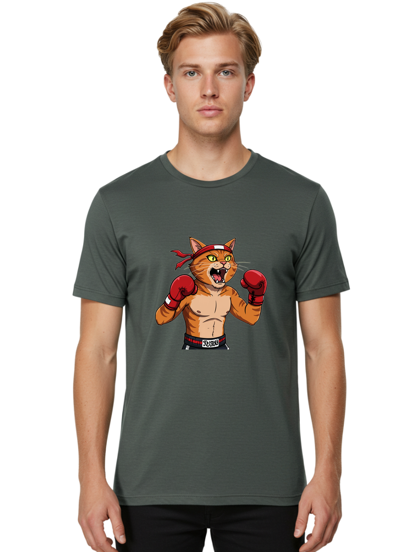 Boxing-Cat-1 Men'S Graphic Tee, 100% Cotton, Comfortable Casual Summer Wear, Machine Washable, Cartoon Cat, Goku, Boxing Gloves, Red Bandana, Muscular Physique, Confident Expression, Anime Style, Fighting Stance, Warrior Pose, Martial Arts, Bae363