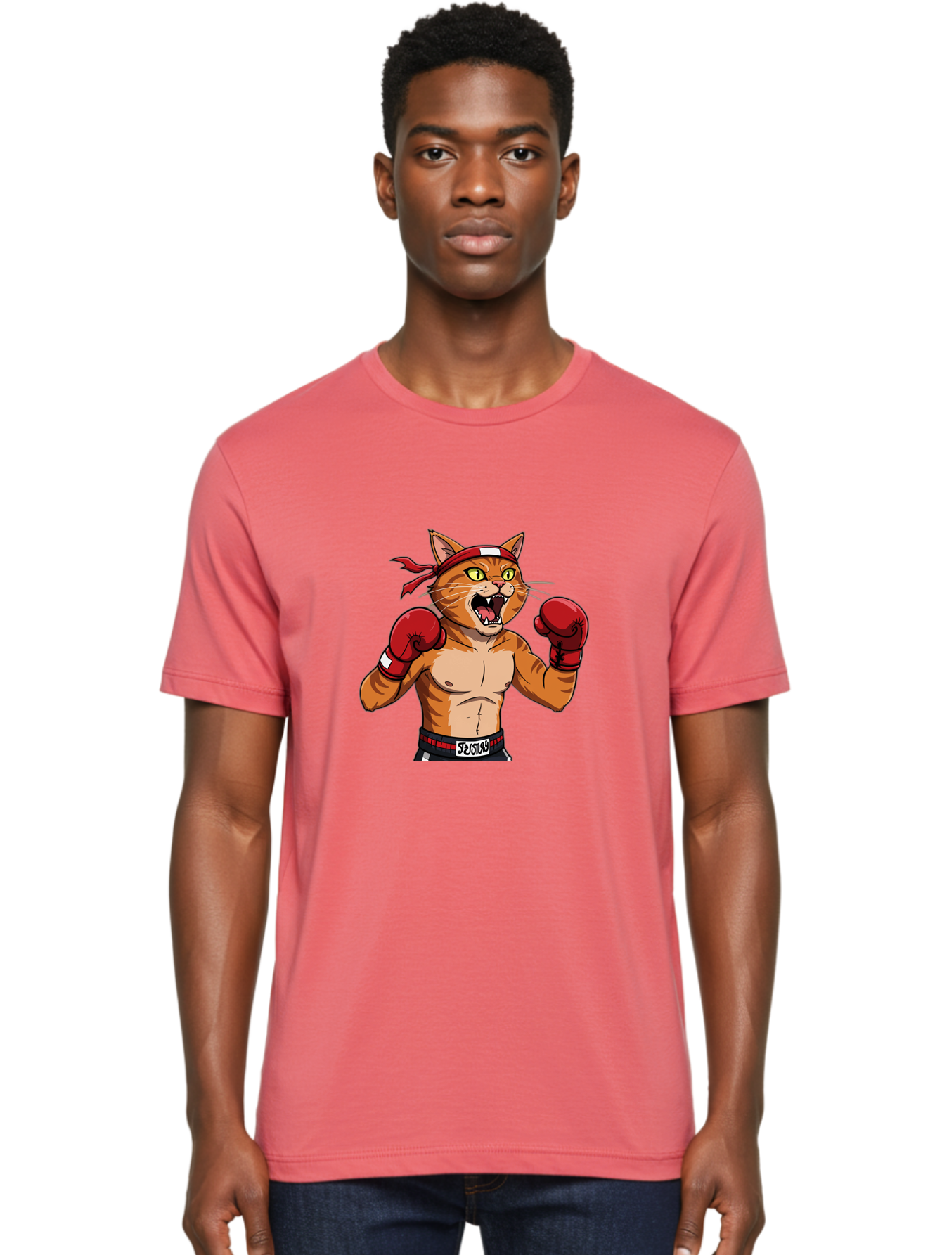 Boxing-Cat-1 Men'S Graphic Tee, 100% Cotton, Comfortable Casual Summer Wear, Machine Washable, Cartoon Cat, Goku, Boxing Gloves, Red Bandana, Muscular Physique, Confident Expression, Anime Style, Fighting Stance, Warrior Pose, Martial Arts, Bae363