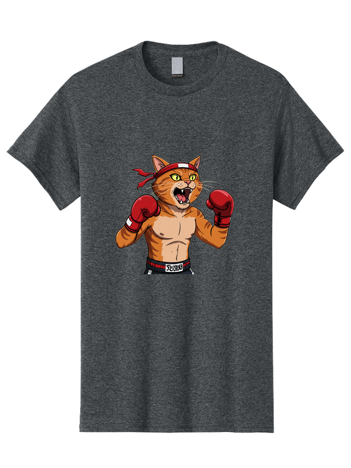 Boxing-Cat-1 Men'S Graphic Tee, 100% Cotton, Comfortable Casual Summer Wear, Machine Washable, Cartoon Cat, Goku, Boxing Gloves, Red Bandana, Muscular Physique, Confident Expression, Anime Style, Fighting Stance, Warrior Pose, Martial Arts, Bae363
