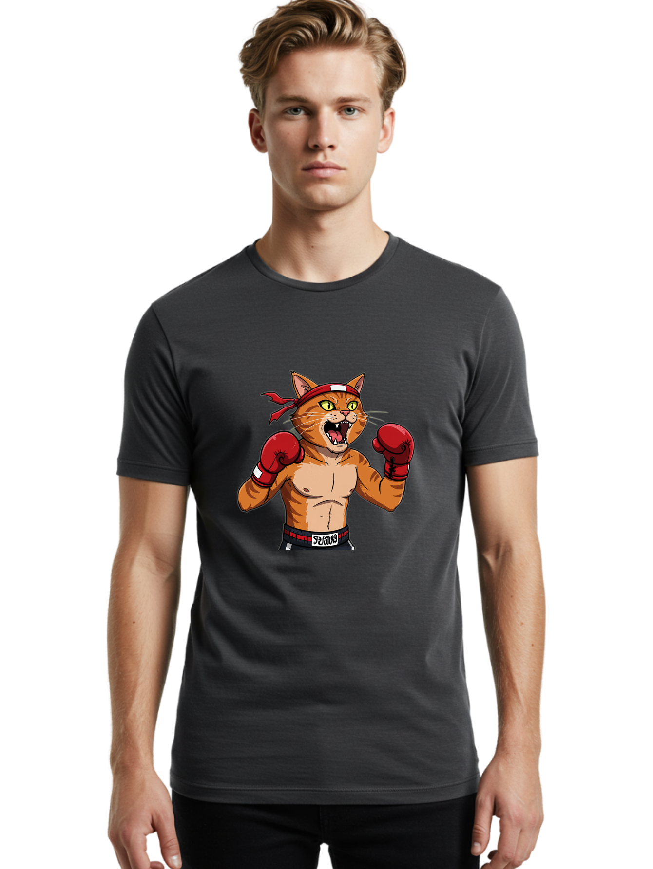 Boxing-Cat-1 Men'S Graphic Tee, 100% Cotton, Comfortable Casual Summer Wear, Machine Washable, Cartoon Cat, Goku, Boxing Gloves, Red Bandana, Muscular Physique, Confident Expression, Anime Style, Fighting Stance, Warrior Pose, Martial Arts, Bae363
