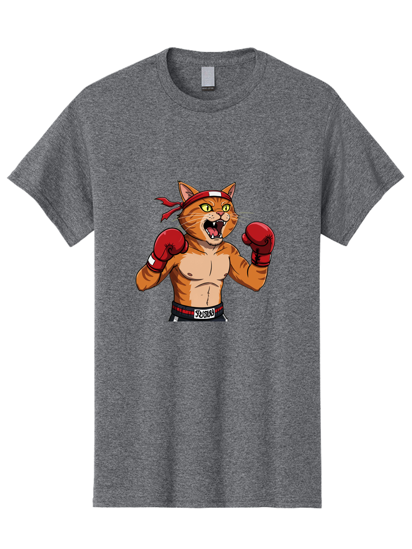Boxing-Cat-1 Men'S Graphic Tee, 100% Cotton, Comfortable Casual Summer Wear, Machine Washable, Cartoon Cat, Goku, Boxing Gloves, Red Bandana, Muscular Physique, Confident Expression, Anime Style, Fighting Stance, Warrior Pose, Martial Arts, Bae363