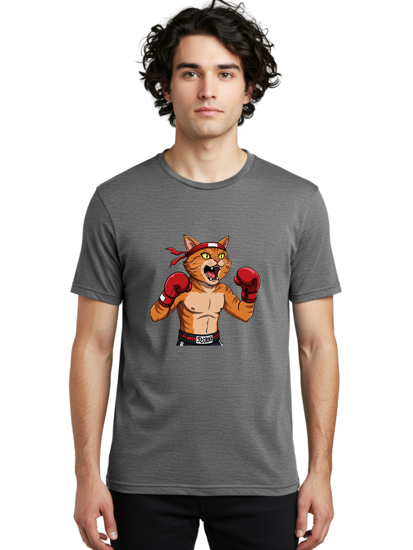 Boxing-Cat-1 Men'S Graphic Tee, 100% Cotton, Comfortable Casual Summer Wear, Machine Washable, Cartoon Cat, Goku, Boxing Gloves, Red Bandana, Muscular Physique, Confident Expression, Anime Style, Fighting Stance, Warrior Pose, Martial Arts, Bae363