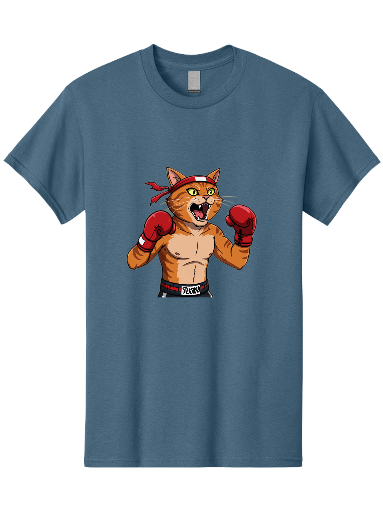 Boxing-Cat-1 Men'S Graphic Tee, 100% Cotton, Comfortable Casual Summer Wear, Machine Washable, Cartoon Cat, Goku, Boxing Gloves, Red Bandana, Muscular Physique, Confident Expression, Anime Style, Fighting Stance, Warrior Pose, Martial Arts, Bae363