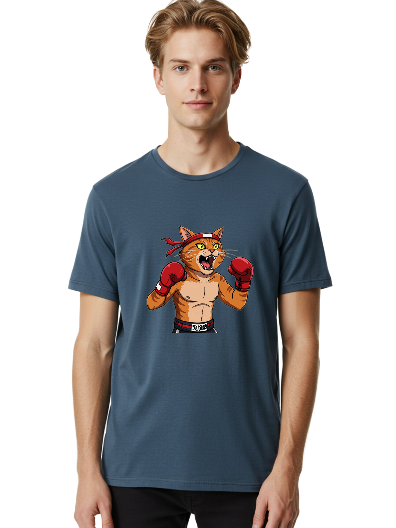 Boxing-Cat-1 Men'S Graphic Tee, 100% Cotton, Comfortable Casual Summer Wear, Machine Washable, Cartoon Cat, Goku, Boxing Gloves, Red Bandana, Muscular Physique, Confident Expression, Anime Style, Fighting Stance, Warrior Pose, Martial Arts, Bae363