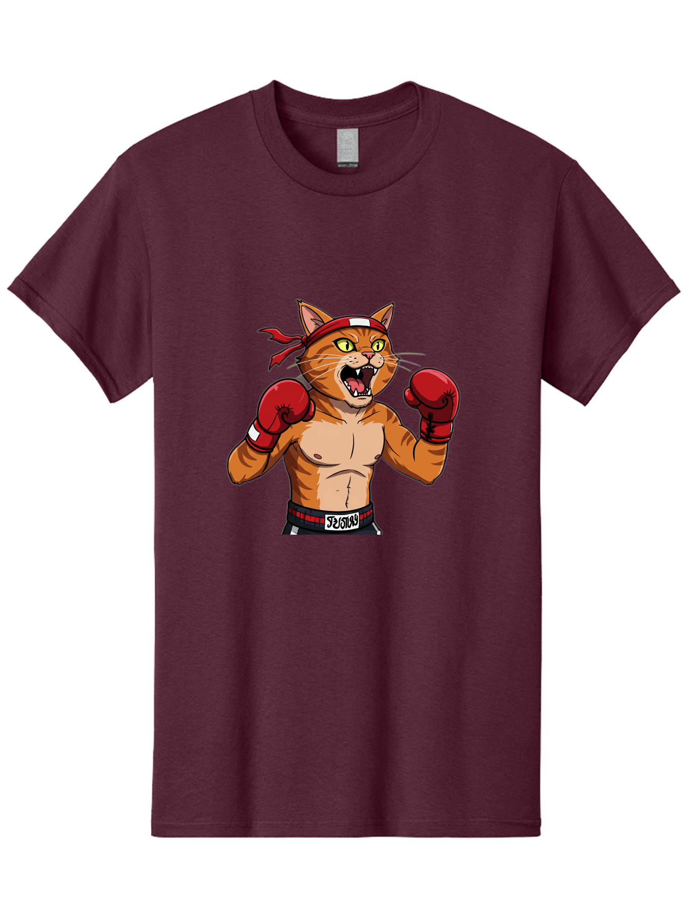 Boxing-Cat-1 Men'S Graphic Tee, 100% Cotton, Comfortable Casual Summer Wear, Machine Washable, Cartoon Cat, Goku, Boxing Gloves, Red Bandana, Muscular Physique, Confident Expression, Anime Style, Fighting Stance, Warrior Pose, Martial Arts, Bae363
