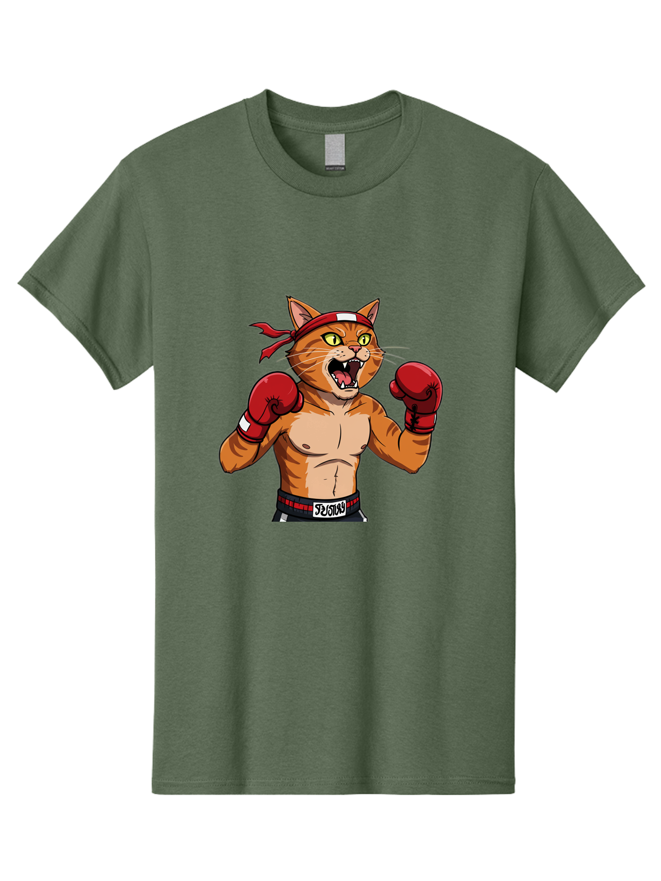 Boxing-Cat-1 Men'S Graphic Tee, 100% Cotton, Comfortable Casual Summer Wear, Machine Washable, Cartoon Cat, Goku, Boxing Gloves, Red Bandana, Muscular Physique, Confident Expression, Anime Style, Fighting Stance, Warrior Pose, Martial Arts, Bae363