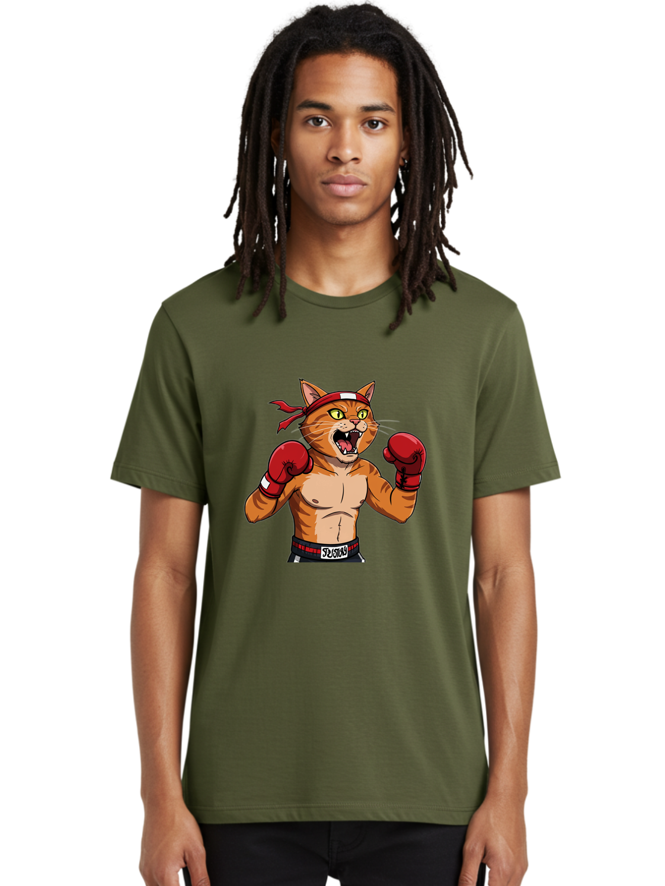 Boxing-Cat-1 Men'S Graphic Tee, 100% Cotton, Comfortable Casual Summer Wear, Machine Washable, Cartoon Cat, Goku, Boxing Gloves, Red Bandana, Muscular Physique, Confident Expression, Anime Style, Fighting Stance, Warrior Pose, Martial Arts, Bae363