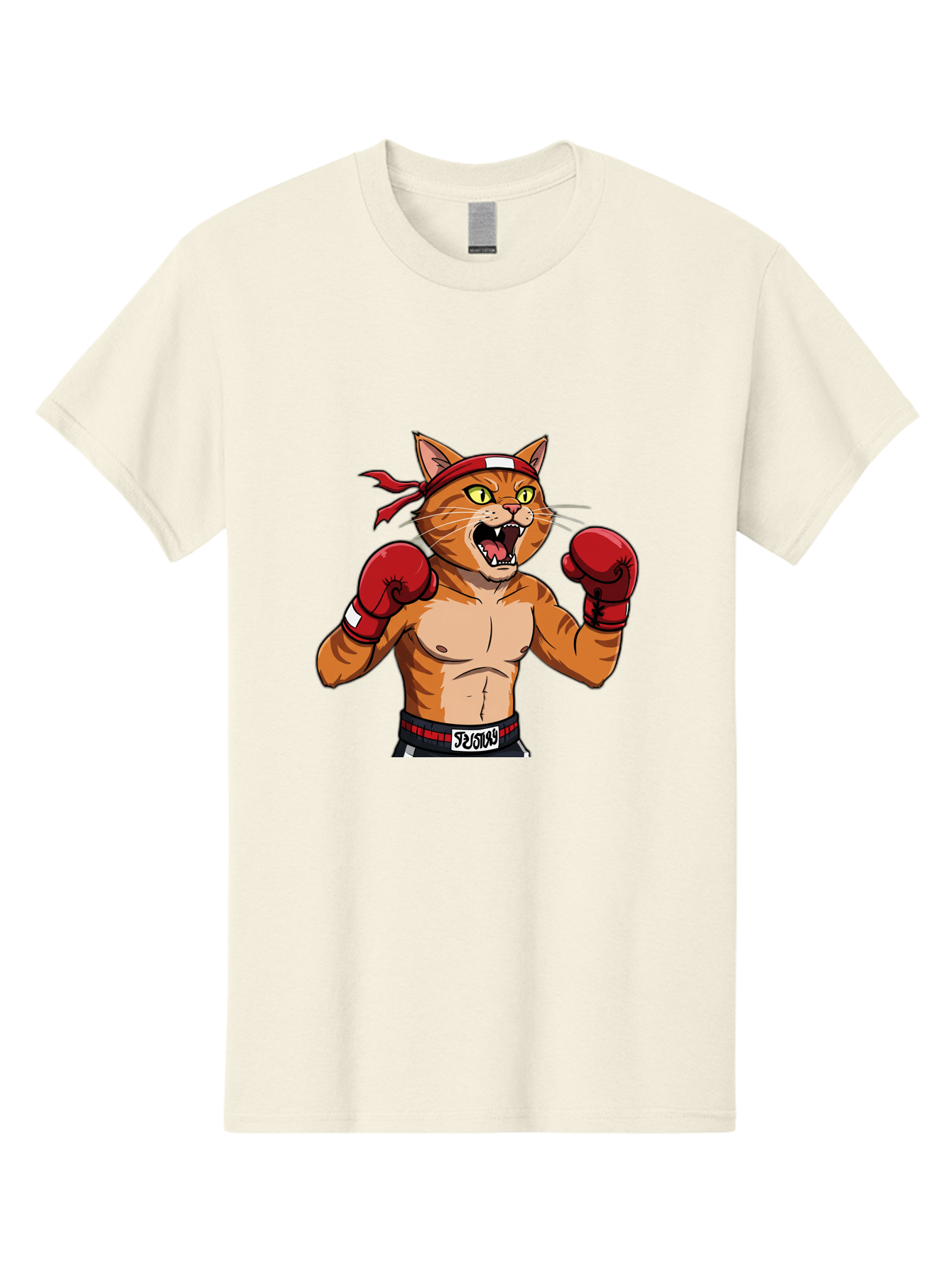 Boxing-Cat-1 Men'S Graphic Tee, 100% Cotton, Comfortable Casual Summer Wear, Machine Washable, Cartoon Cat, Goku, Boxing Gloves, Red Bandana, Muscular Physique, Confident Expression, Anime Style, Fighting Stance, Warrior Pose, Martial Arts, Bae363