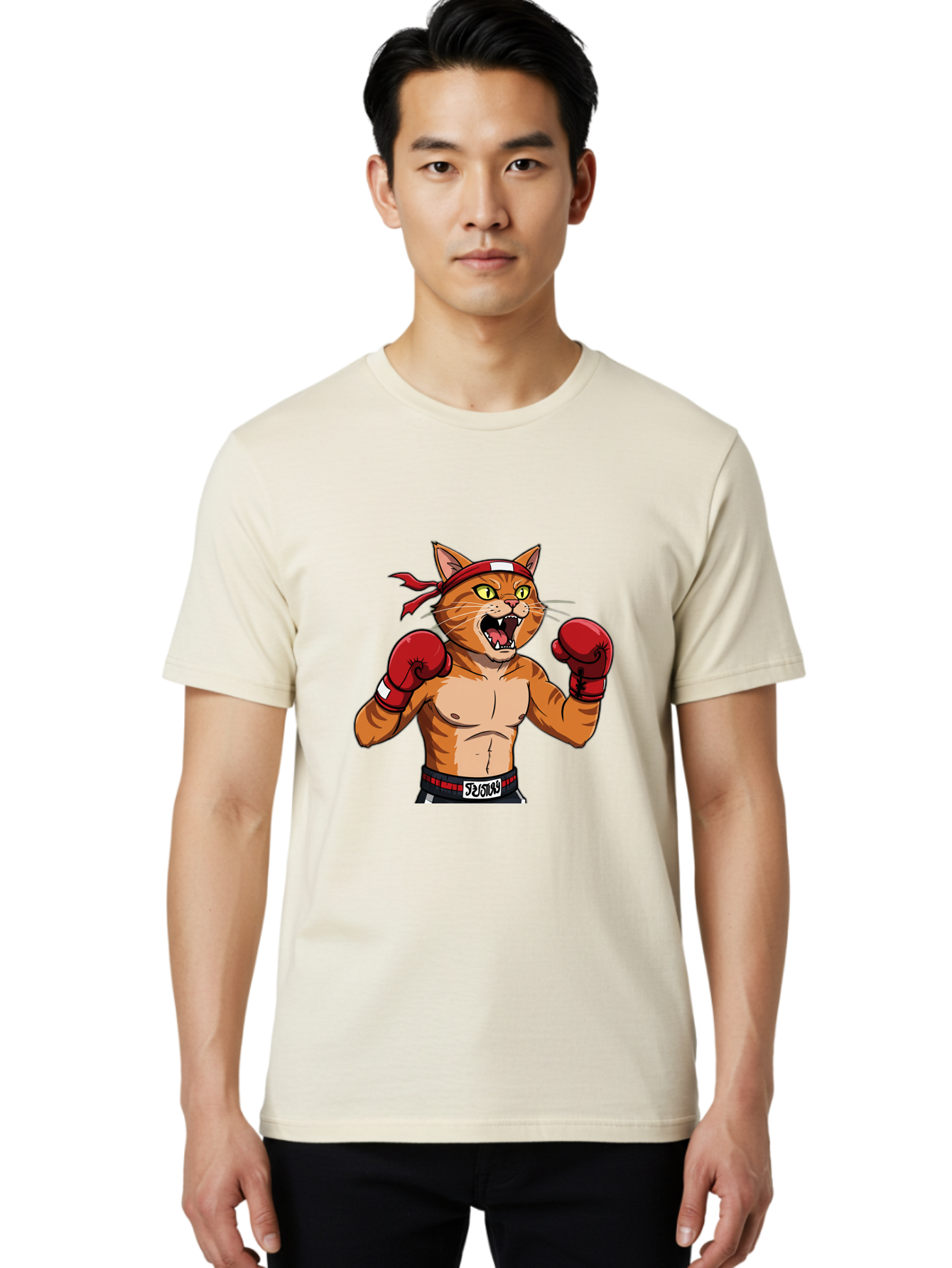 Boxing-Cat-1 Men'S Graphic Tee, 100% Cotton, Comfortable Casual Summer Wear, Machine Washable, Cartoon Cat, Goku, Boxing Gloves, Red Bandana, Muscular Physique, Confident Expression, Anime Style, Fighting Stance, Warrior Pose, Martial Arts, Bae363