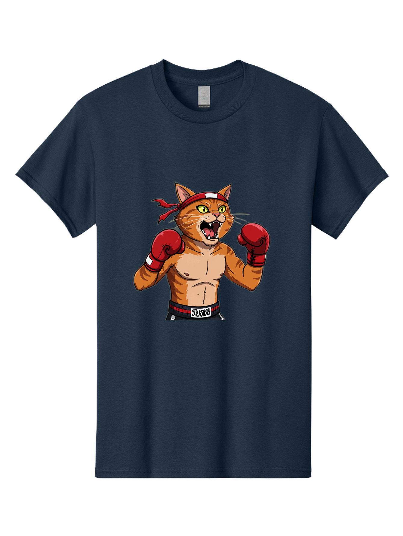 Boxing-Cat-1 Men'S Graphic Tee, 100% Cotton, Comfortable Casual Summer Wear, Machine Washable, Cartoon Cat, Goku, Boxing Gloves, Red Bandana, Muscular Physique, Confident Expression, Anime Style, Fighting Stance, Warrior Pose, Martial Arts, Bae363