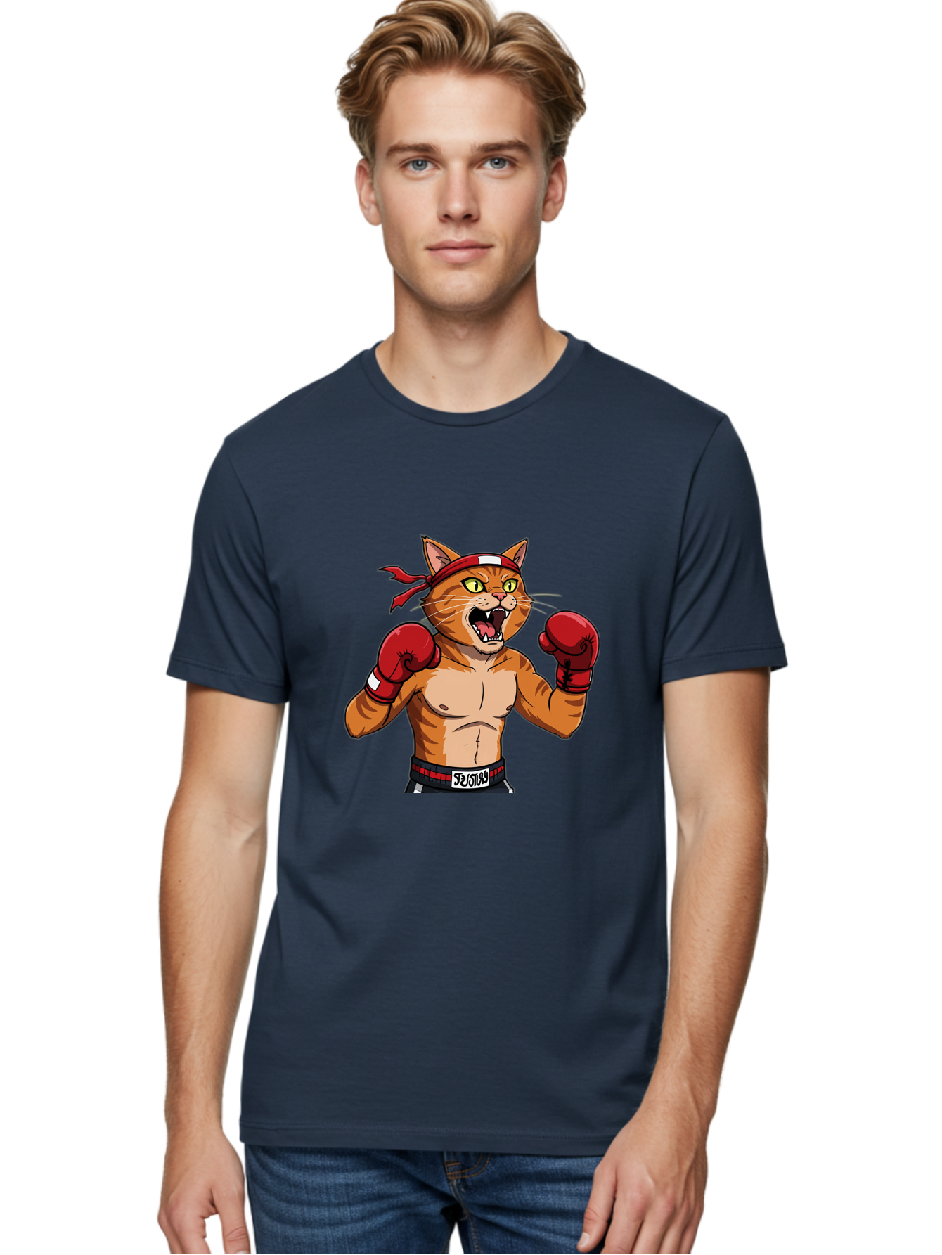Boxing-Cat-1 Men'S Graphic Tee, 100% Cotton, Comfortable Casual Summer Wear, Machine Washable, Cartoon Cat, Goku, Boxing Gloves, Red Bandana, Muscular Physique, Confident Expression, Anime Style, Fighting Stance, Warrior Pose, Martial Arts, Bae363