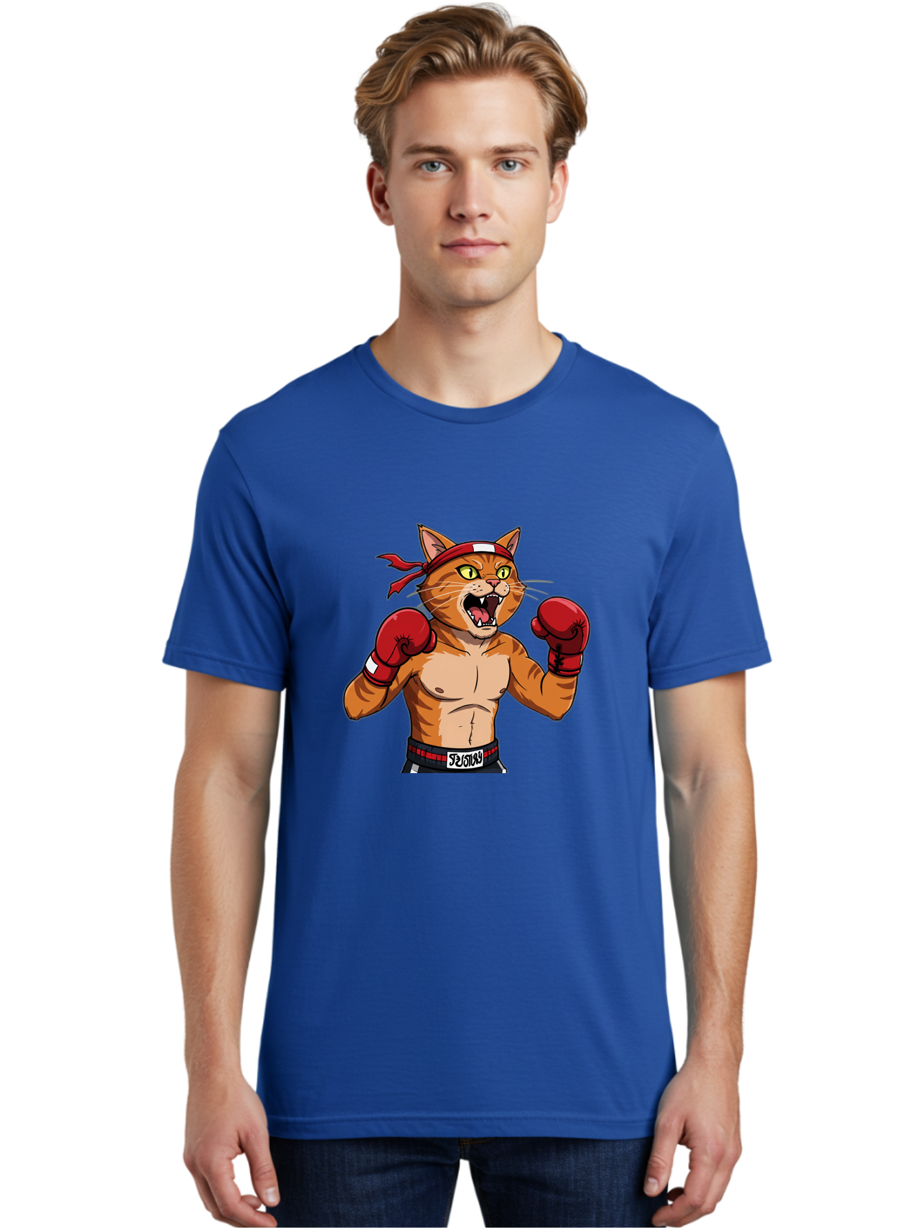 Boxing-Cat-1 Men'S Graphic Tee, 100% Cotton, Comfortable Casual Summer Wear, Machine Washable, Cartoon Cat, Goku, Boxing Gloves, Red Bandana, Muscular Physique, Confident Expression, Anime Style, Fighting Stance, Warrior Pose, Martial Arts, Bae363