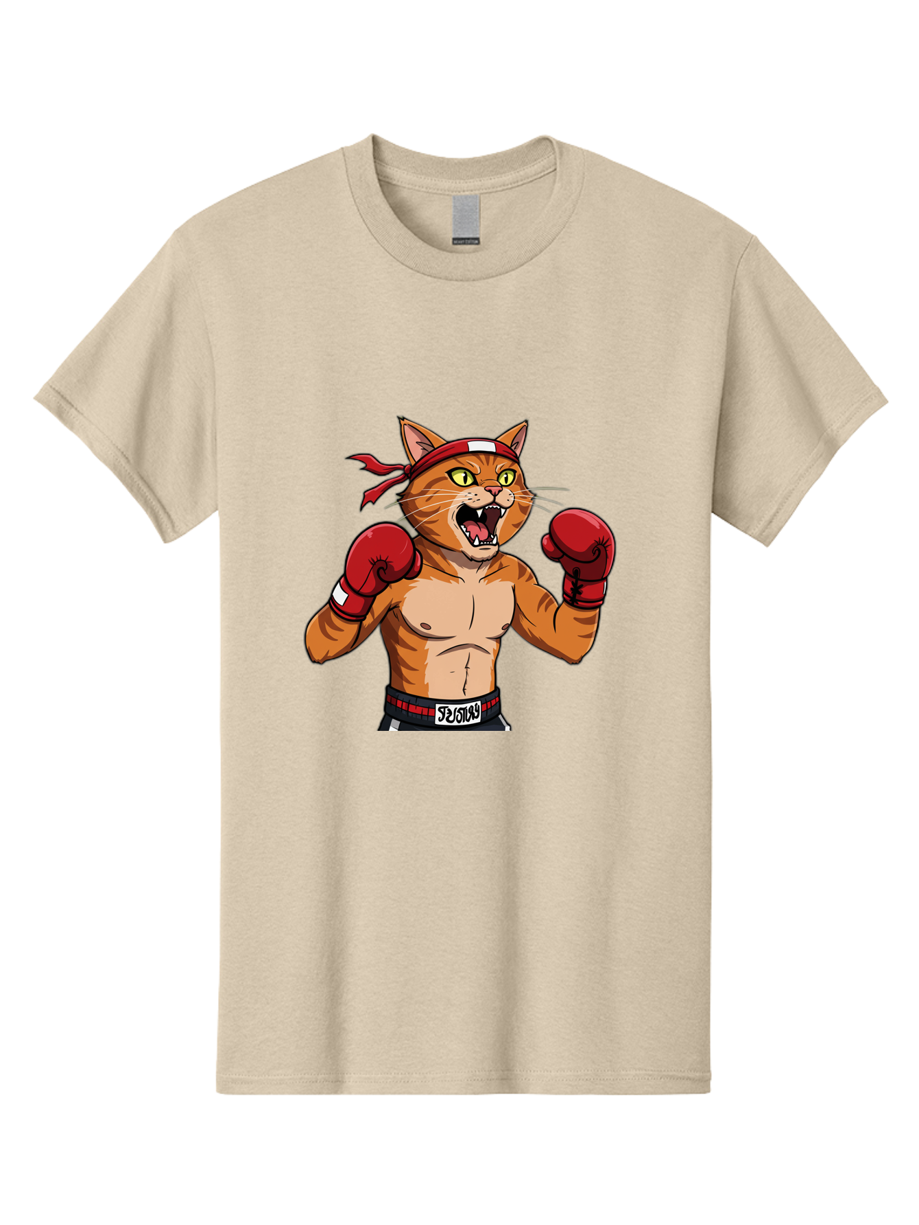 Boxing-Cat-1 Men'S Graphic Tee, 100% Cotton, Comfortable Casual Summer Wear, Machine Washable, Cartoon Cat, Goku, Boxing Gloves, Red Bandana, Muscular Physique, Confident Expression, Anime Style, Fighting Stance, Warrior Pose, Martial Arts, Bae363