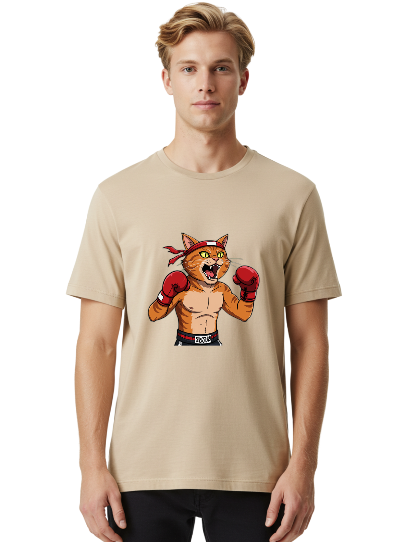 Boxing-Cat-1 Men'S Graphic Tee, 100% Cotton, Comfortable Casual Summer Wear, Machine Washable, Cartoon Cat, Goku, Boxing Gloves, Red Bandana, Muscular Physique, Confident Expression, Anime Style, Fighting Stance, Warrior Pose, Martial Arts, Bae363