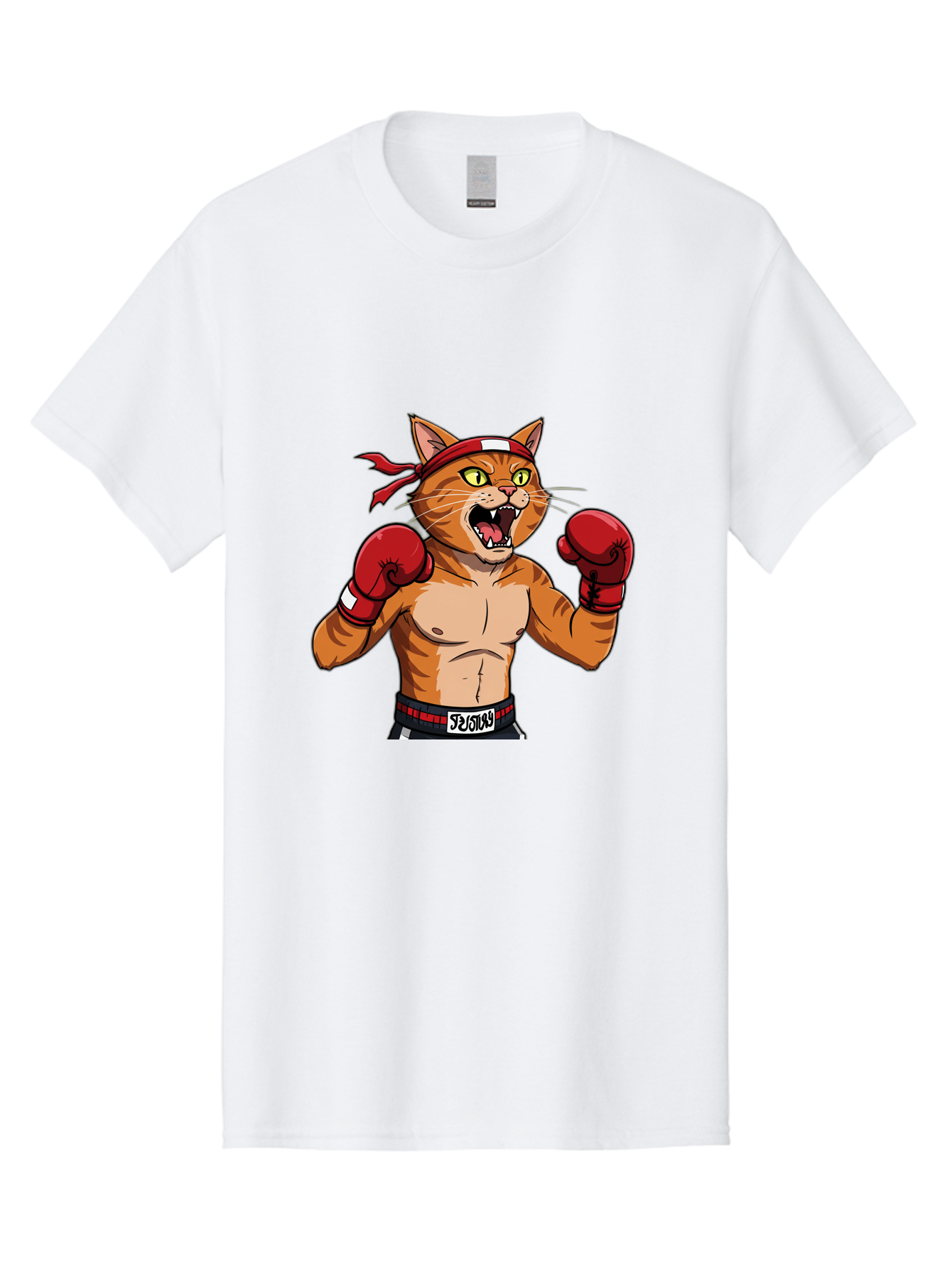 Boxing-Cat-1 Men'S Graphic Tee, 100% Cotton, Comfortable Casual Summer Wear, Machine Washable, Cartoon Cat, Goku, Boxing Gloves, Red Bandana, Muscular Physique, Confident Expression, Anime Style, Fighting Stance, Warrior Pose, Martial Arts, Bae363