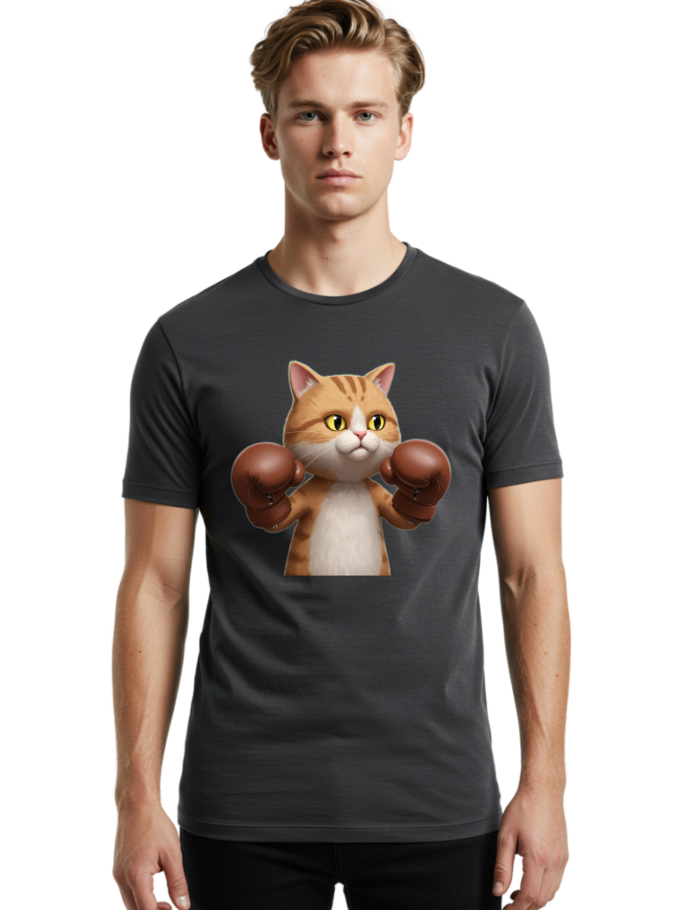 Boxing-Cat Men'S Graphic Tee, 100% Cotton, Comfortable Casual Summer Wear, Machine Washable, Cartoon Cat, Boxing Gloves, Funny Animal, Humor, Playful Cat, Adorable Feline, Boxing Stance, Cute Cat, Comedic Character Bae364