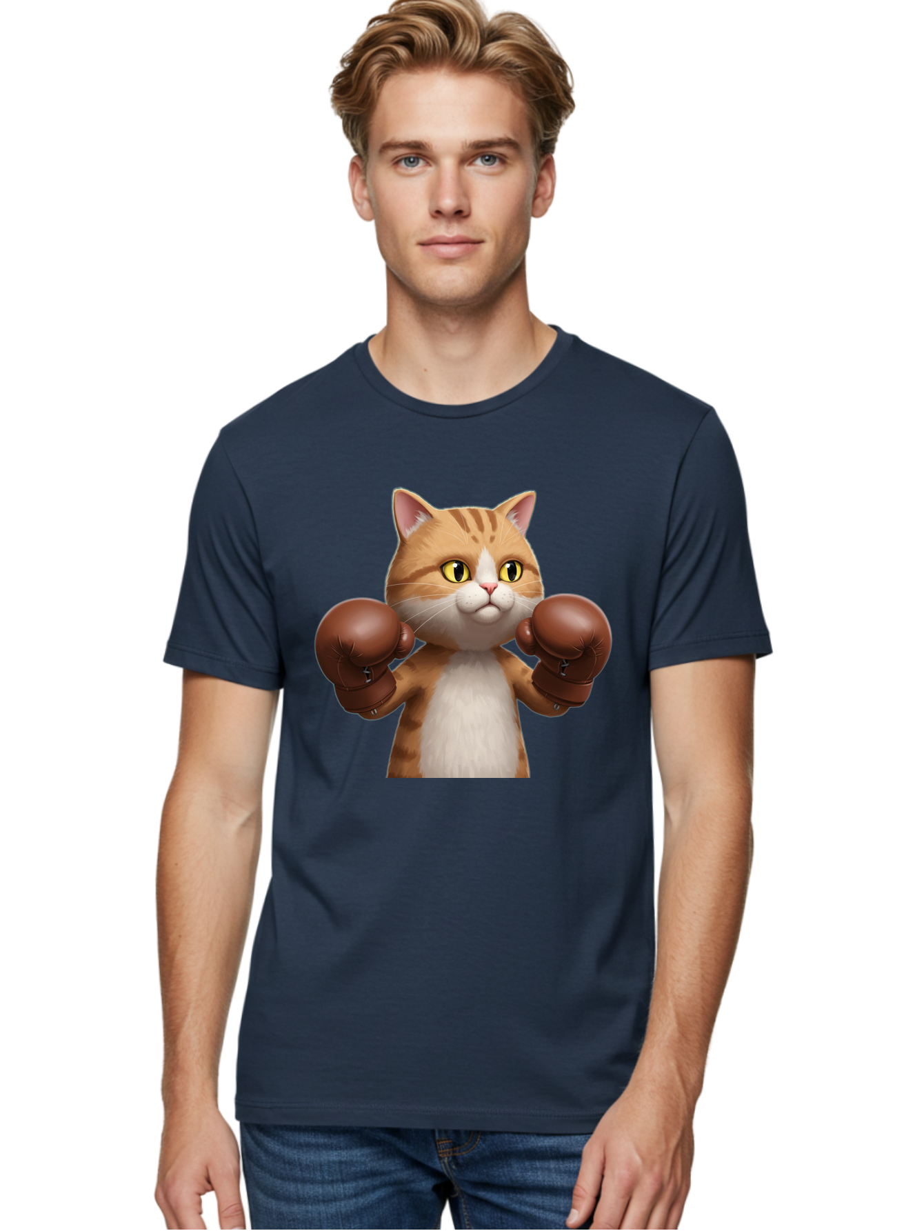 Boxing-Cat Men'S Graphic Tee, 100% Cotton, Comfortable Casual Summer Wear, Machine Washable, Cartoon Cat, Boxing Gloves, Funny Animal, Humor, Playful Cat, Adorable Feline, Boxing Stance, Cute Cat, Comedic Character Bae364
