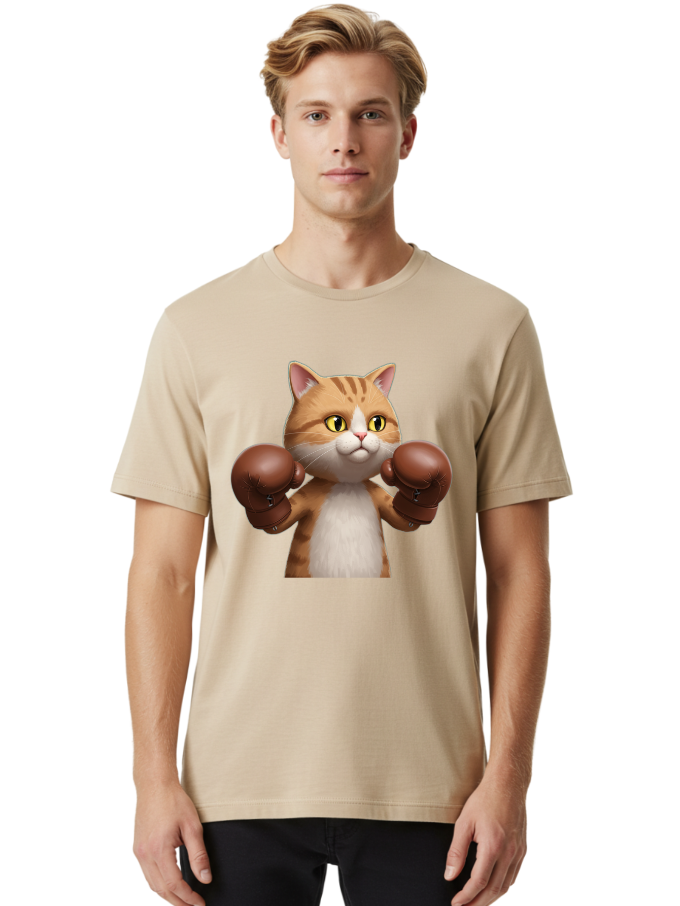 Boxing-Cat Men'S Graphic Tee, 100% Cotton, Comfortable Casual Summer Wear, Machine Washable, Cartoon Cat, Boxing Gloves, Funny Animal, Humor, Playful Cat, Adorable Feline, Boxing Stance, Cute Cat, Comedic Character Bae364