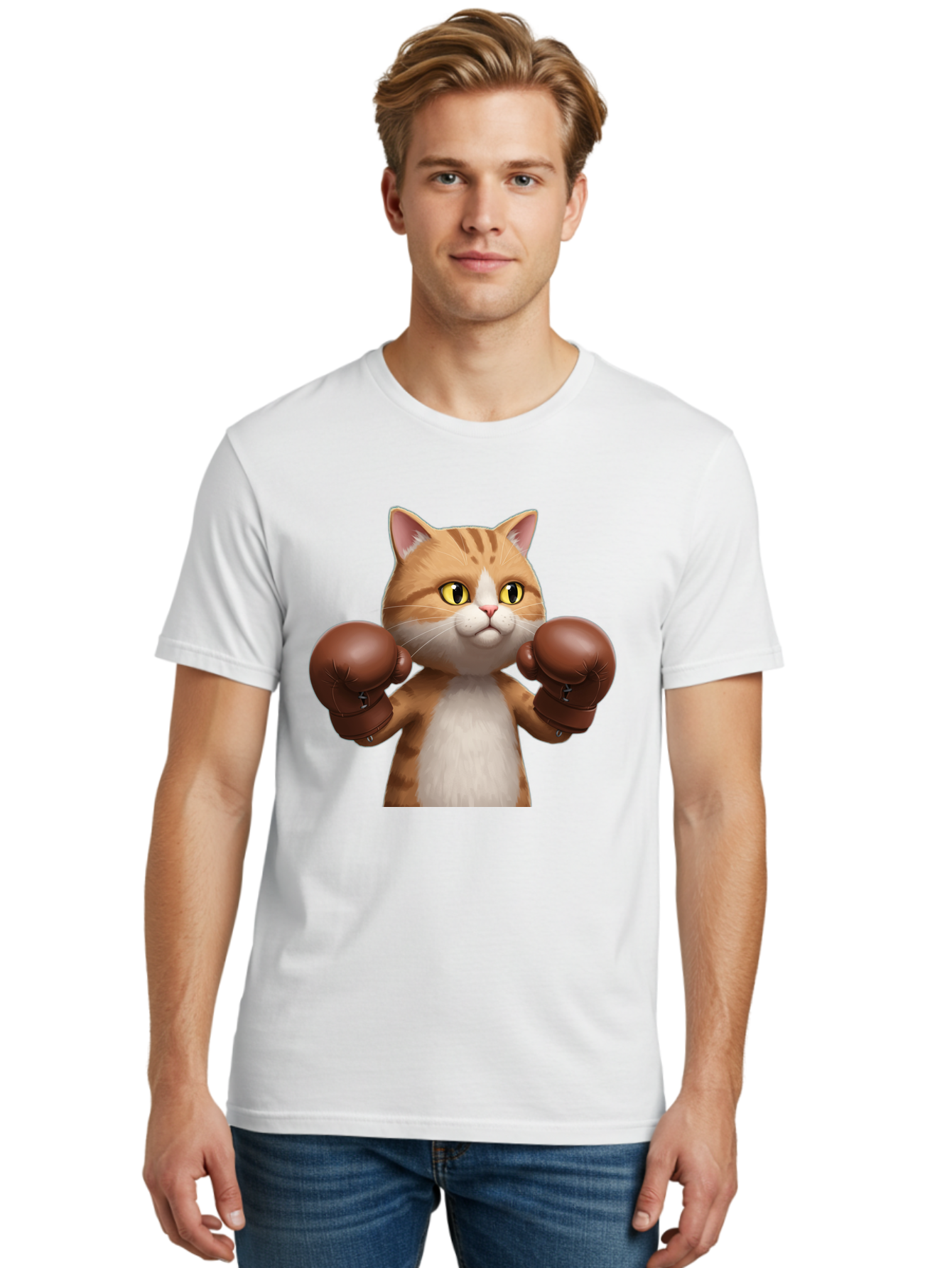 Boxing-Cat Men'S Graphic Tee, 100% Cotton, Comfortable Casual Summer Wear, Machine Washable, Cartoon Cat, Boxing Gloves, Funny Animal, Humor, Playful Cat, Adorable Feline, Boxing Stance, Cute Cat, Comedic Character Bae364