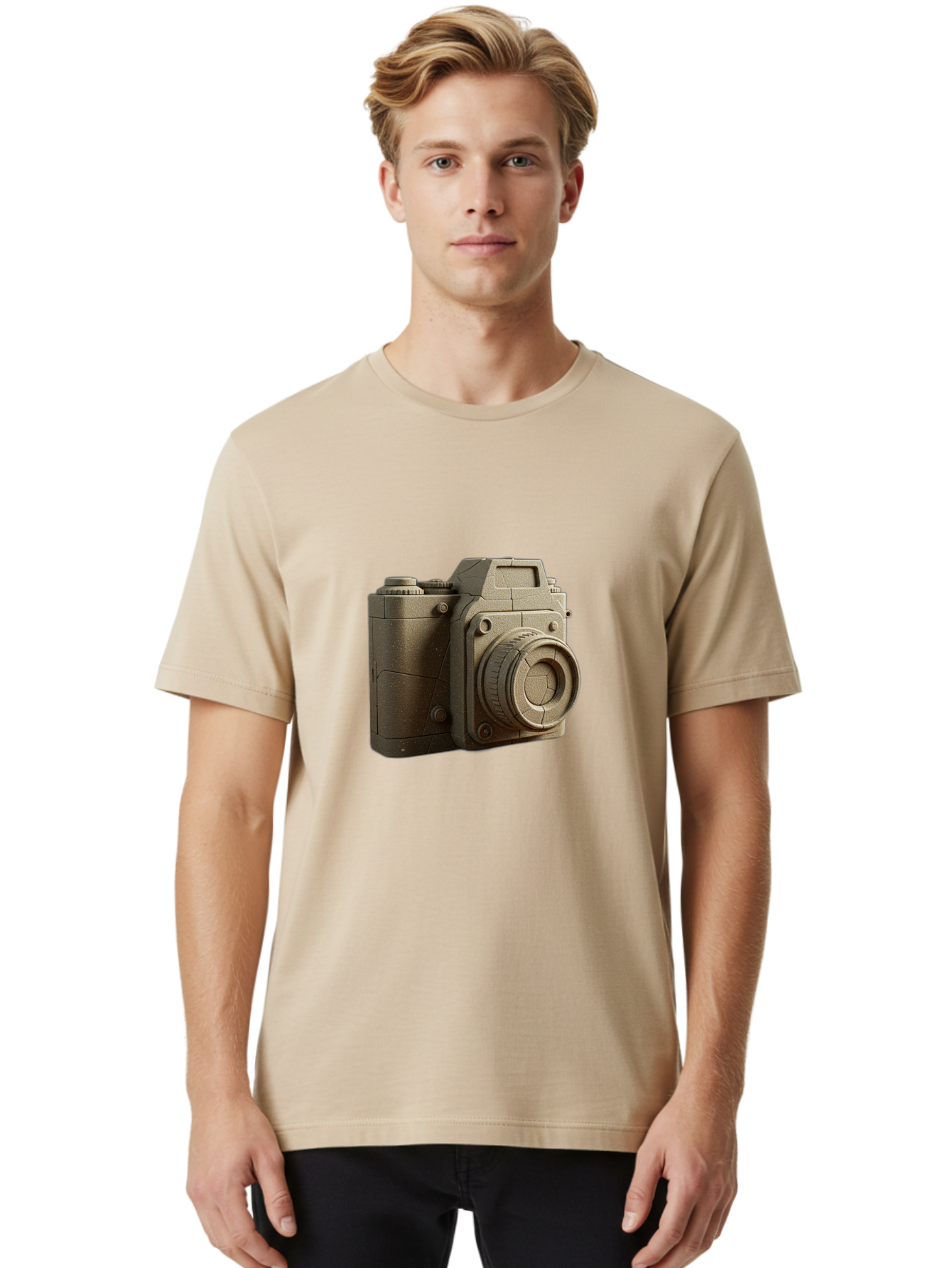 Brown-Camera Men'S Graphic Tee, 100% Cotton, Comfortable Casual Summer Wear, Machine Washable, 3D Camera, Digital Camera, Photography Equipment, Camera Lens, Camera Body, Rendering, 3D Modeling, Computer-Generated Imagery, Studio Shot, Bae365