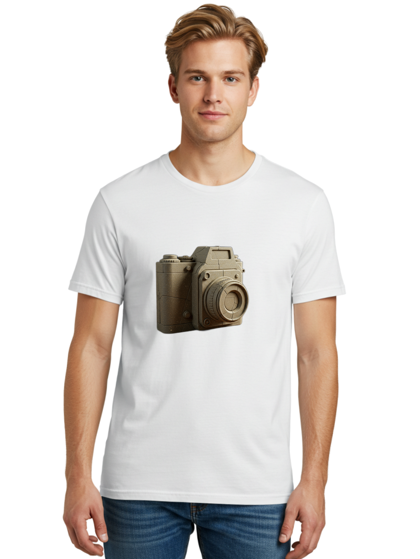 Brown-Camera Men'S Graphic Tee, 100% Cotton, Comfortable Casual Summer Wear, Machine Washable, 3D Camera, Digital Camera, Photography Equipment, Camera Lens, Camera Body, Rendering, 3D Modeling, Computer-Generated Imagery, Studio Shot, Bae365
