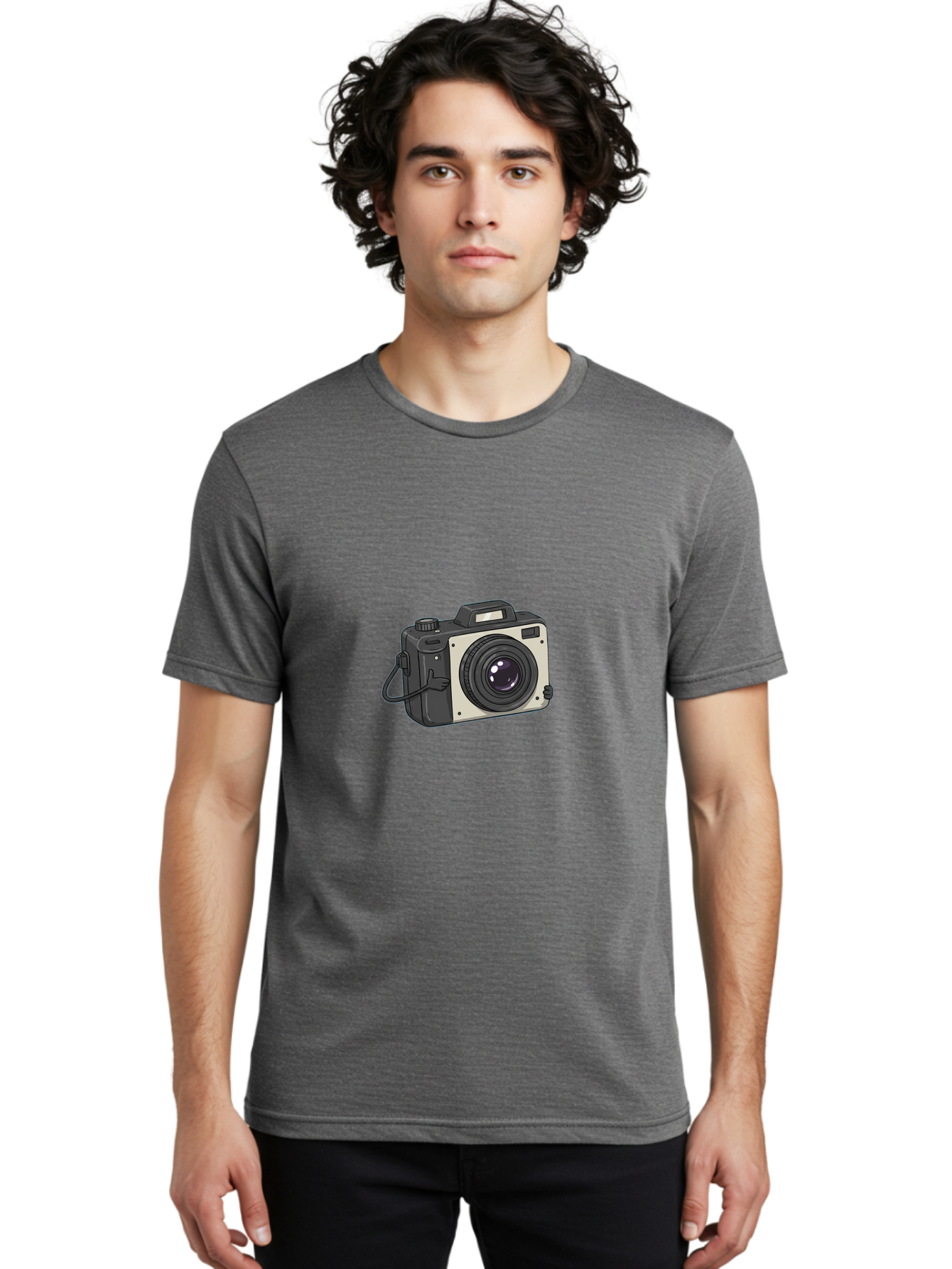 Camera-1 Men'S Graphic Tee, 100% Cotton, Comfortable Casual Summer Wear, Machine Washable, Illustrated Camera, Photography Equipment, Camera Lens, Black And Silver, Camera Strap, Digital Camera, Photography Gear, Camera Illustration Bae366