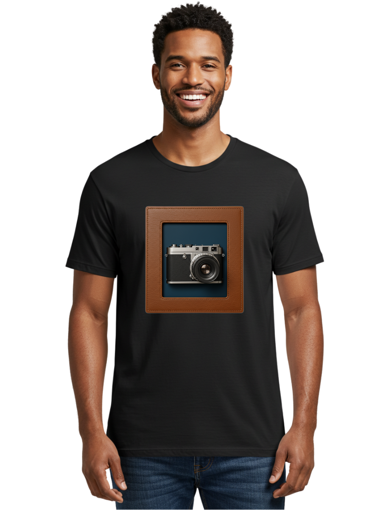 Camera-2 Men'S Graphic Tee, 100% Cotton, Comfortable Casual Summer Wear, Machine Washable, Vintage Camera, Photography Equipment, Leica Camera, Classic Design, Retro Style, Brown Leather Case, Blue Background, Silver Accents Bae367