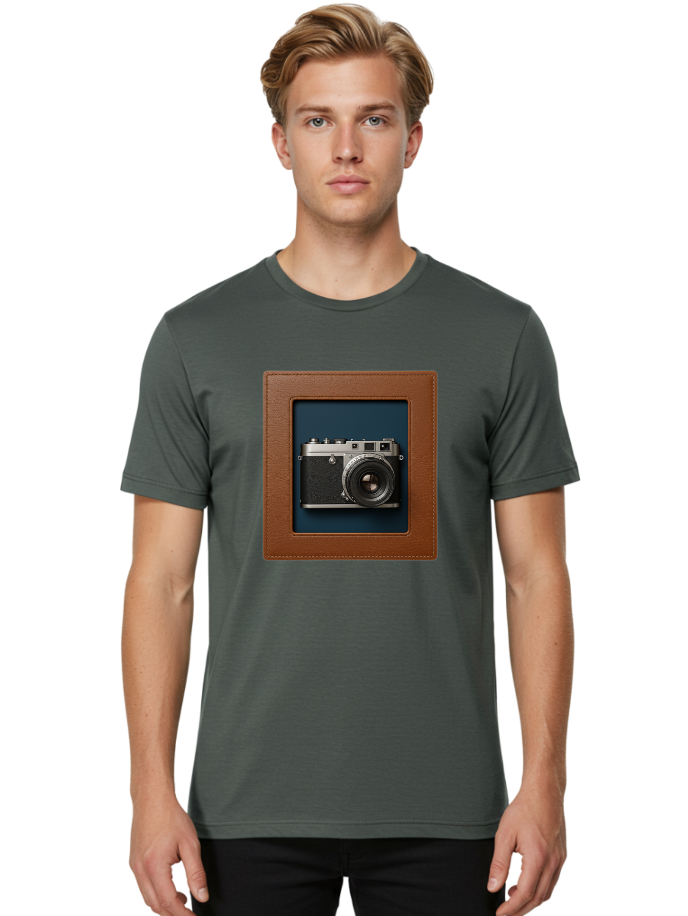 Camera-2 Men'S Graphic Tee, 100% Cotton, Comfortable Casual Summer Wear, Machine Washable, Vintage Camera, Photography Equipment, Leica Camera, Classic Design, Retro Style, Brown Leather Case, Blue Background, Silver Accents Bae367