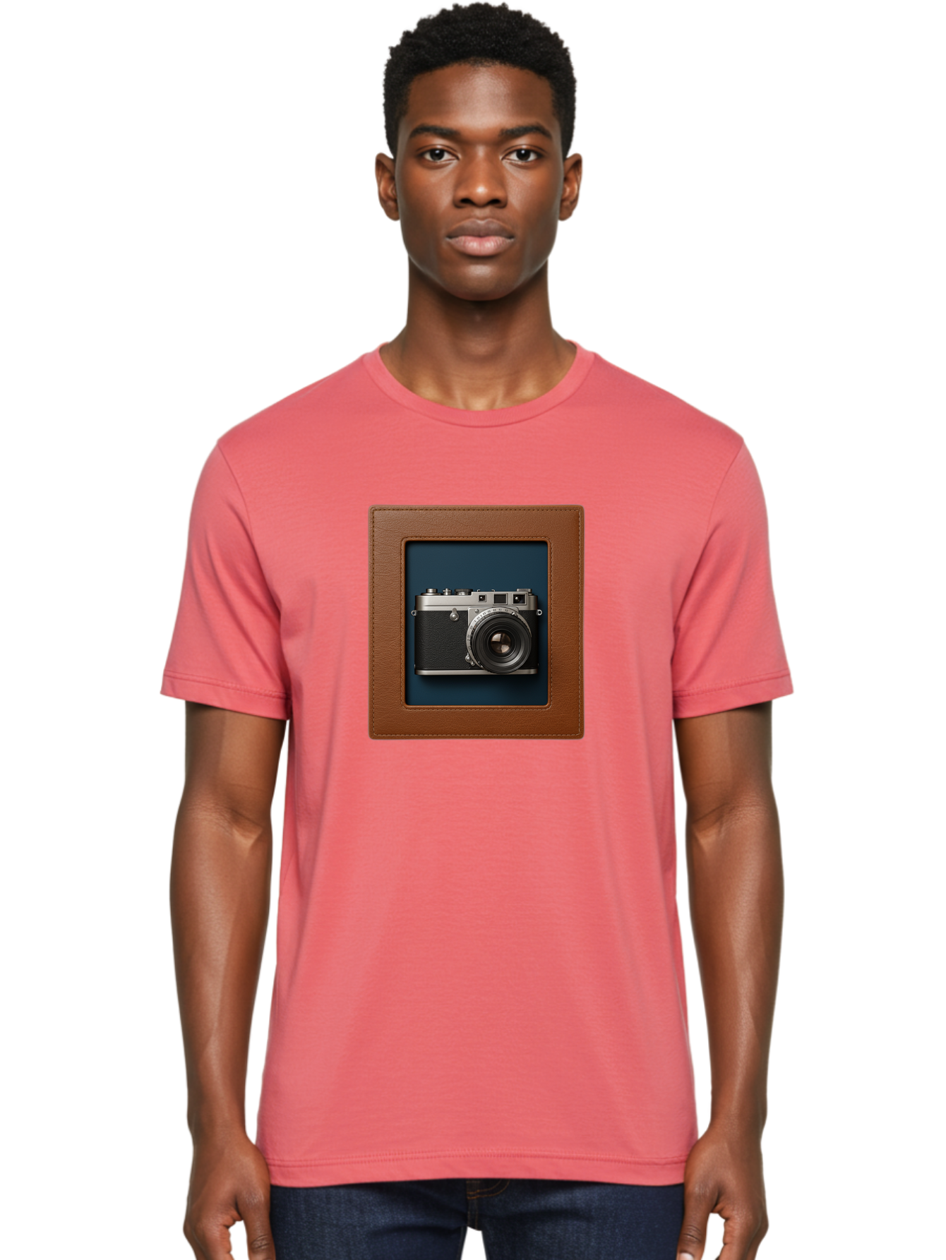 Camera-2 Men'S Graphic Tee, 100% Cotton, Comfortable Casual Summer Wear, Machine Washable, Vintage Camera, Photography Equipment, Leica Camera, Classic Design, Retro Style, Brown Leather Case, Blue Background, Silver Accents Bae367