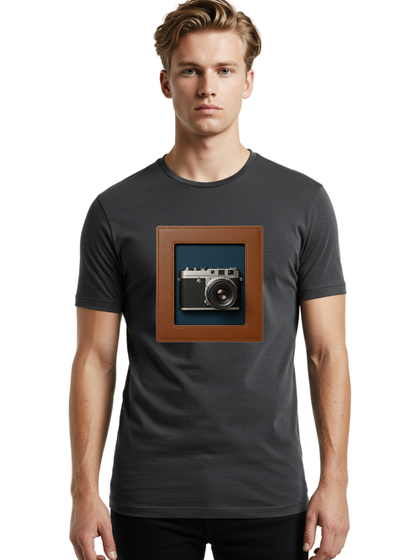 Camera-2 Men'S Graphic Tee, 100% Cotton, Comfortable Casual Summer Wear, Machine Washable, Vintage Camera, Photography Equipment, Leica Camera, Classic Design, Retro Style, Brown Leather Case, Blue Background, Silver Accents Bae367