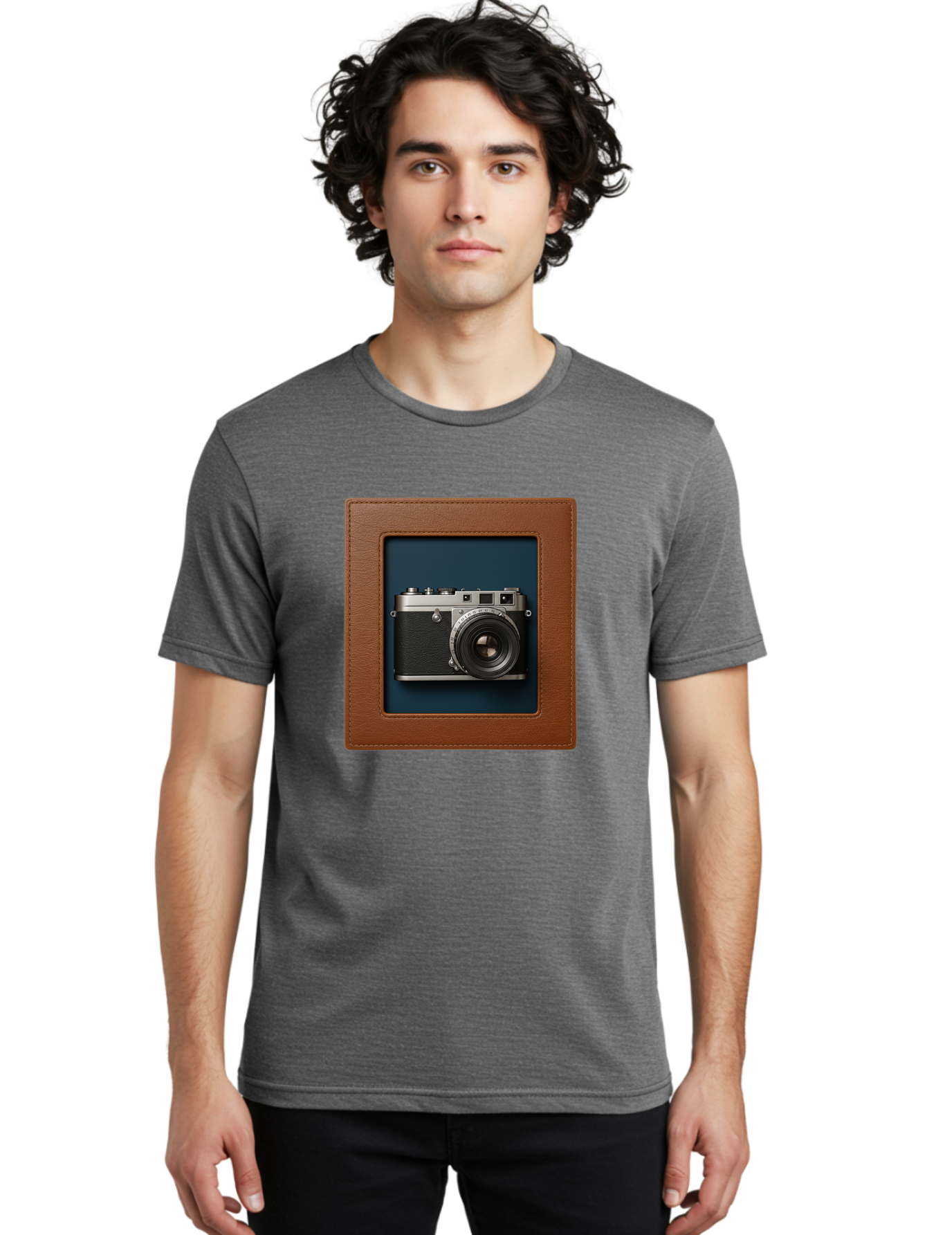 Camera-2 Men'S Graphic Tee, 100% Cotton, Comfortable Casual Summer Wear, Machine Washable, Vintage Camera, Photography Equipment, Leica Camera, Classic Design, Retro Style, Brown Leather Case, Blue Background, Silver Accents Bae367