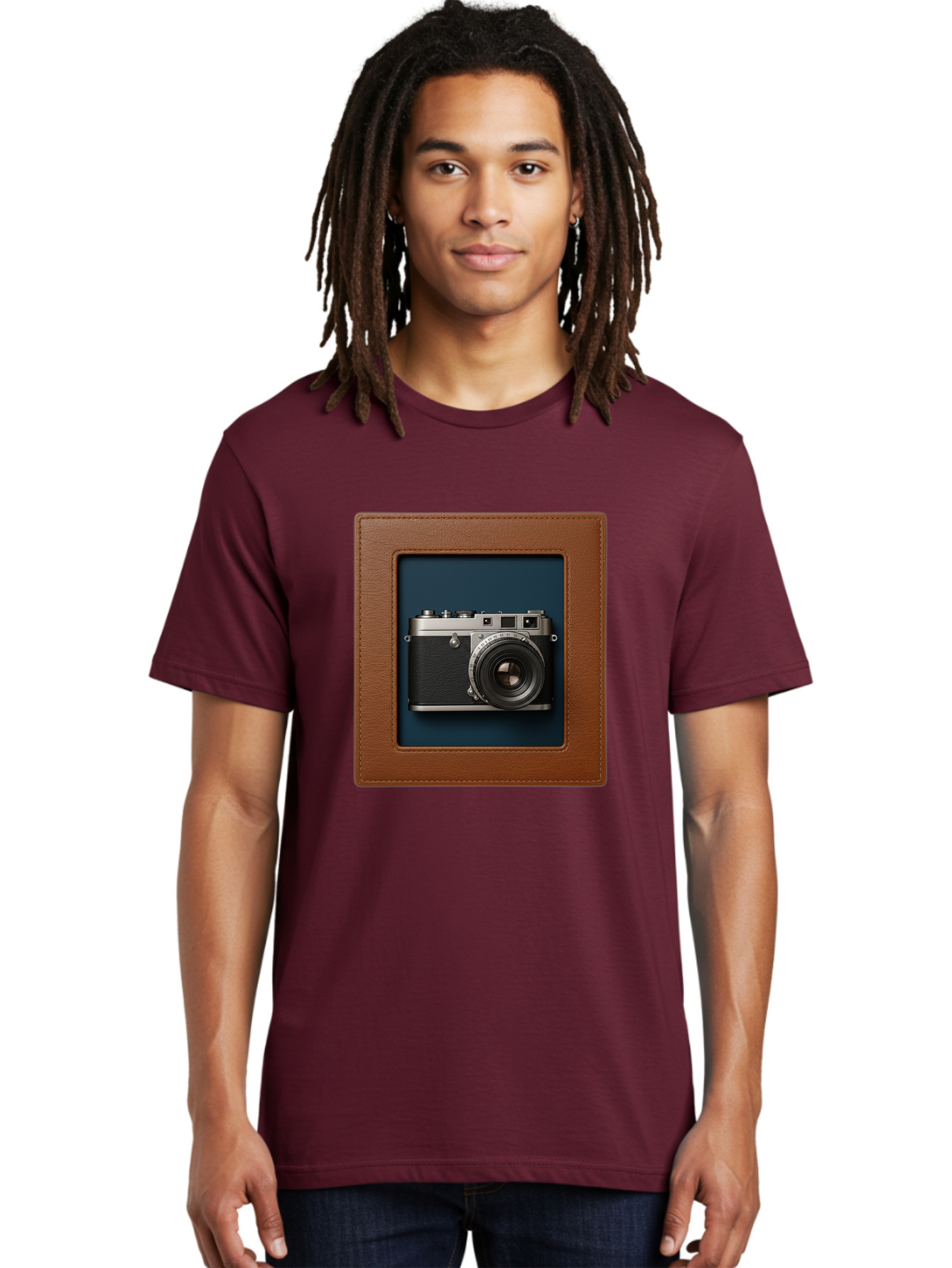 Camera-2 Men'S Graphic Tee, 100% Cotton, Comfortable Casual Summer Wear, Machine Washable, Vintage Camera, Photography Equipment, Leica Camera, Classic Design, Retro Style, Brown Leather Case, Blue Background, Silver Accents Bae367