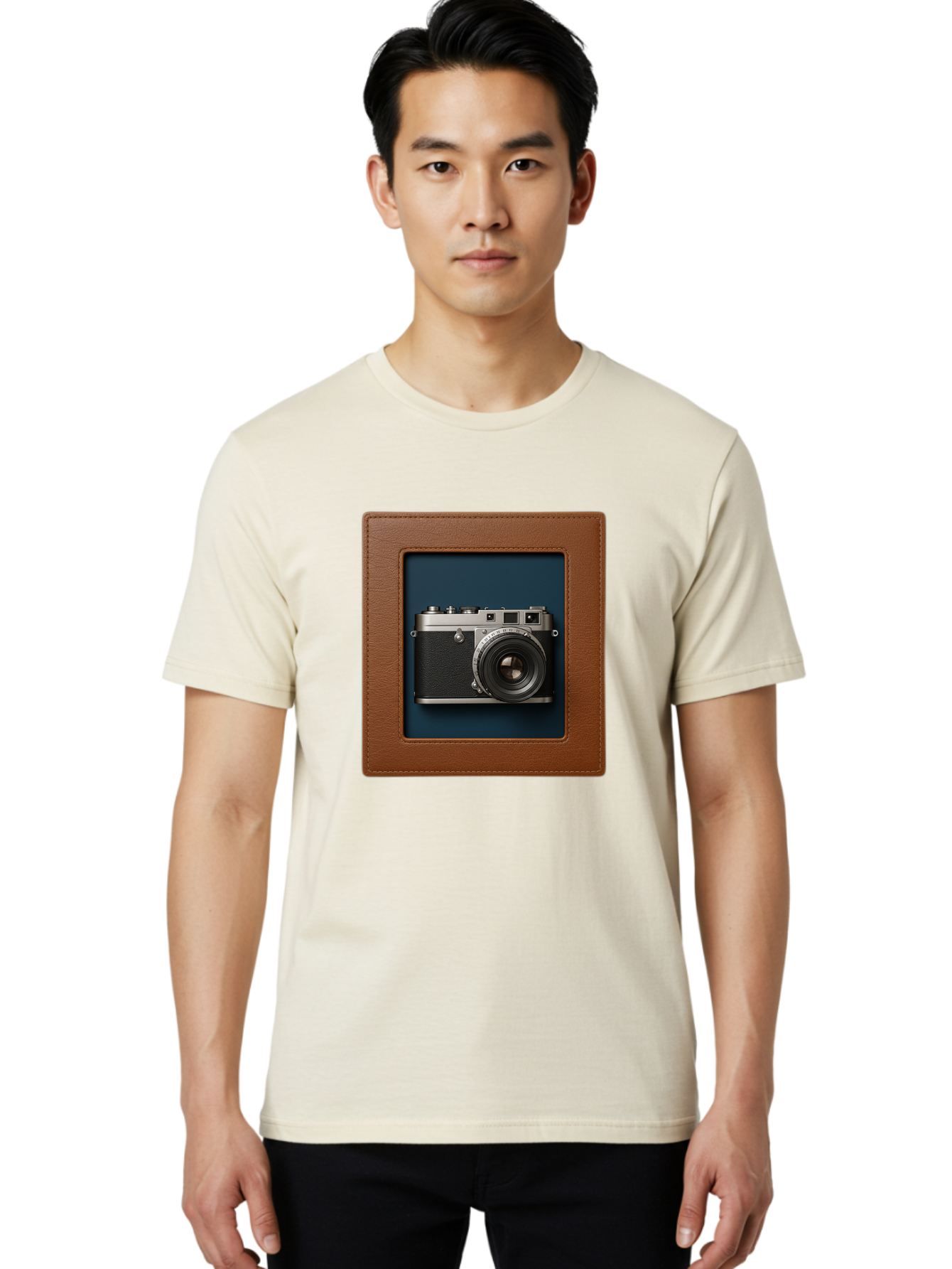 Camera-2 Men'S Graphic Tee, 100% Cotton, Comfortable Casual Summer Wear, Machine Washable, Vintage Camera, Photography Equipment, Leica Camera, Classic Design, Retro Style, Brown Leather Case, Blue Background, Silver Accents Bae367