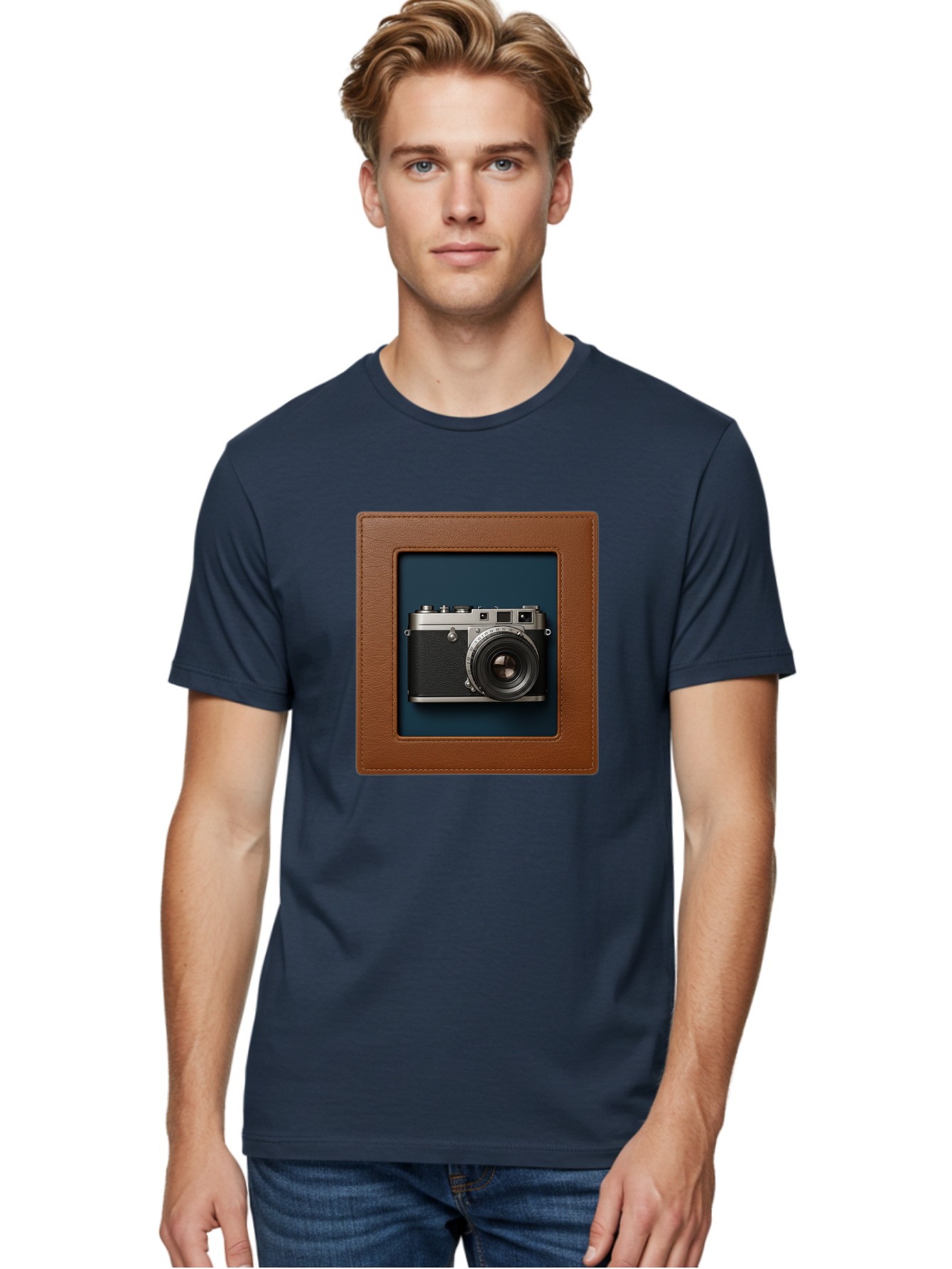 Camera-2 Men'S Graphic Tee, 100% Cotton, Comfortable Casual Summer Wear, Machine Washable, Vintage Camera, Photography Equipment, Leica Camera, Classic Design, Retro Style, Brown Leather Case, Blue Background, Silver Accents Bae367