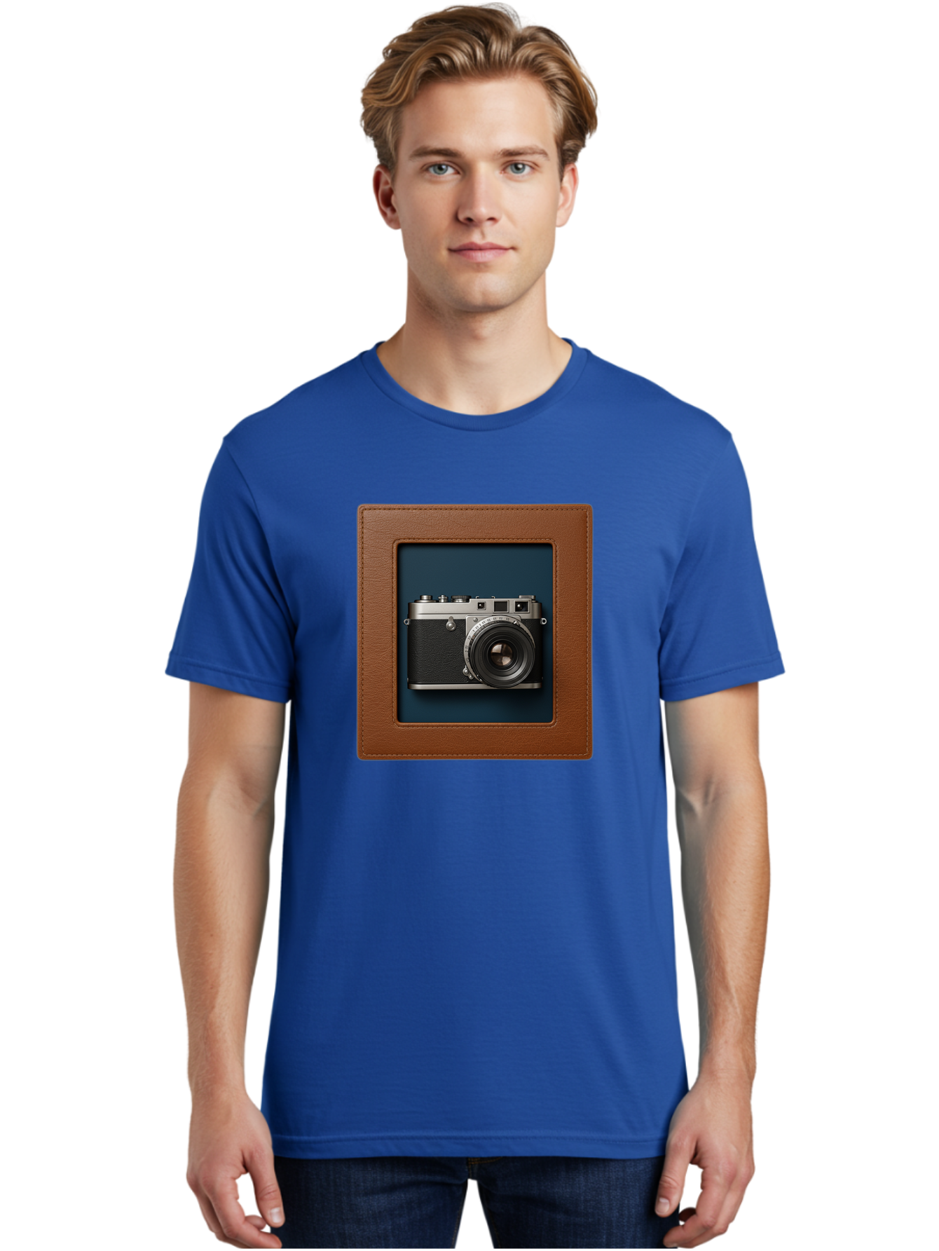Camera-2 Men'S Graphic Tee, 100% Cotton, Comfortable Casual Summer Wear, Machine Washable, Vintage Camera, Photography Equipment, Leica Camera, Classic Design, Retro Style, Brown Leather Case, Blue Background, Silver Accents Bae367