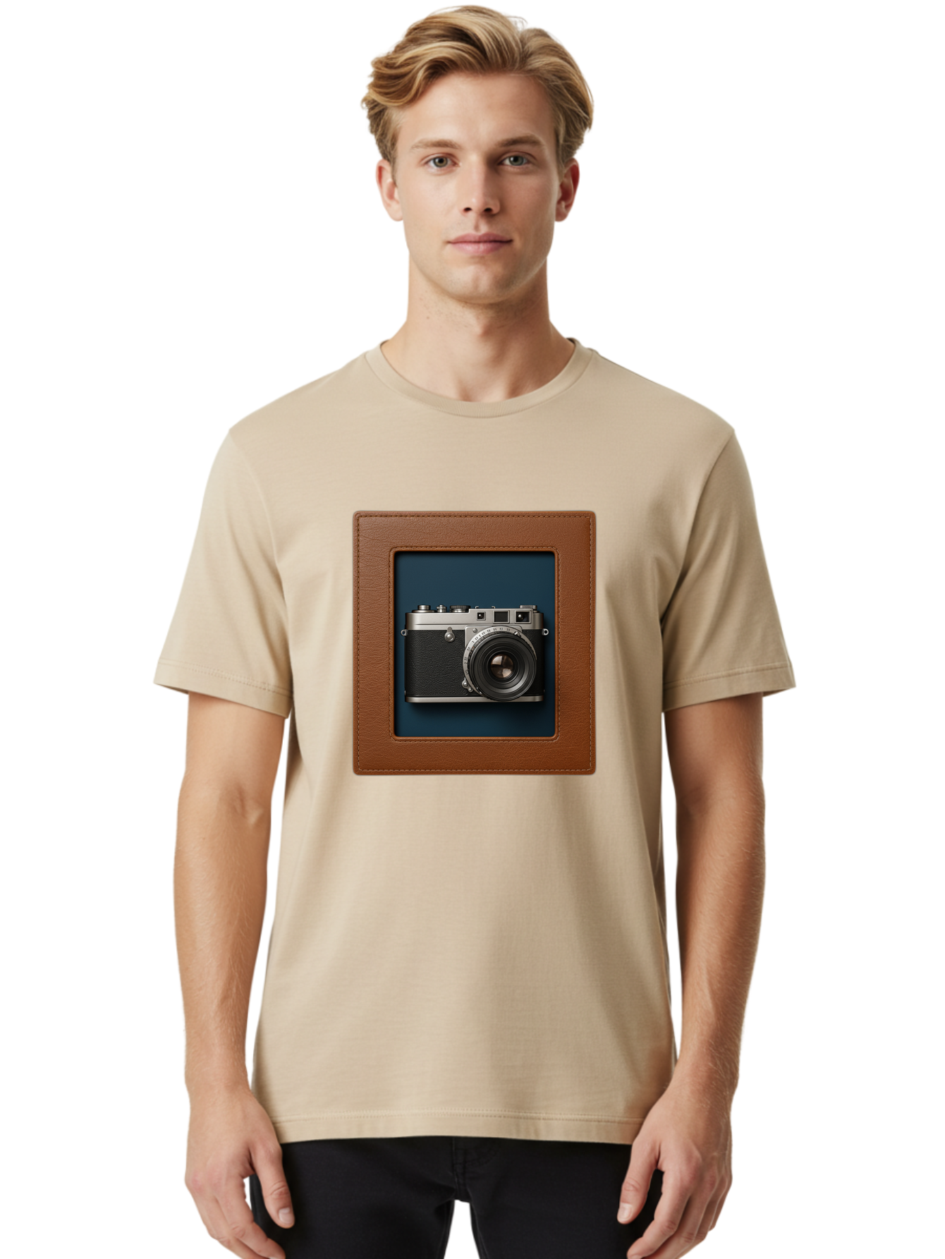 Camera-2 Men'S Graphic Tee, 100% Cotton, Comfortable Casual Summer Wear, Machine Washable, Vintage Camera, Photography Equipment, Leica Camera, Classic Design, Retro Style, Brown Leather Case, Blue Background, Silver Accents Bae367