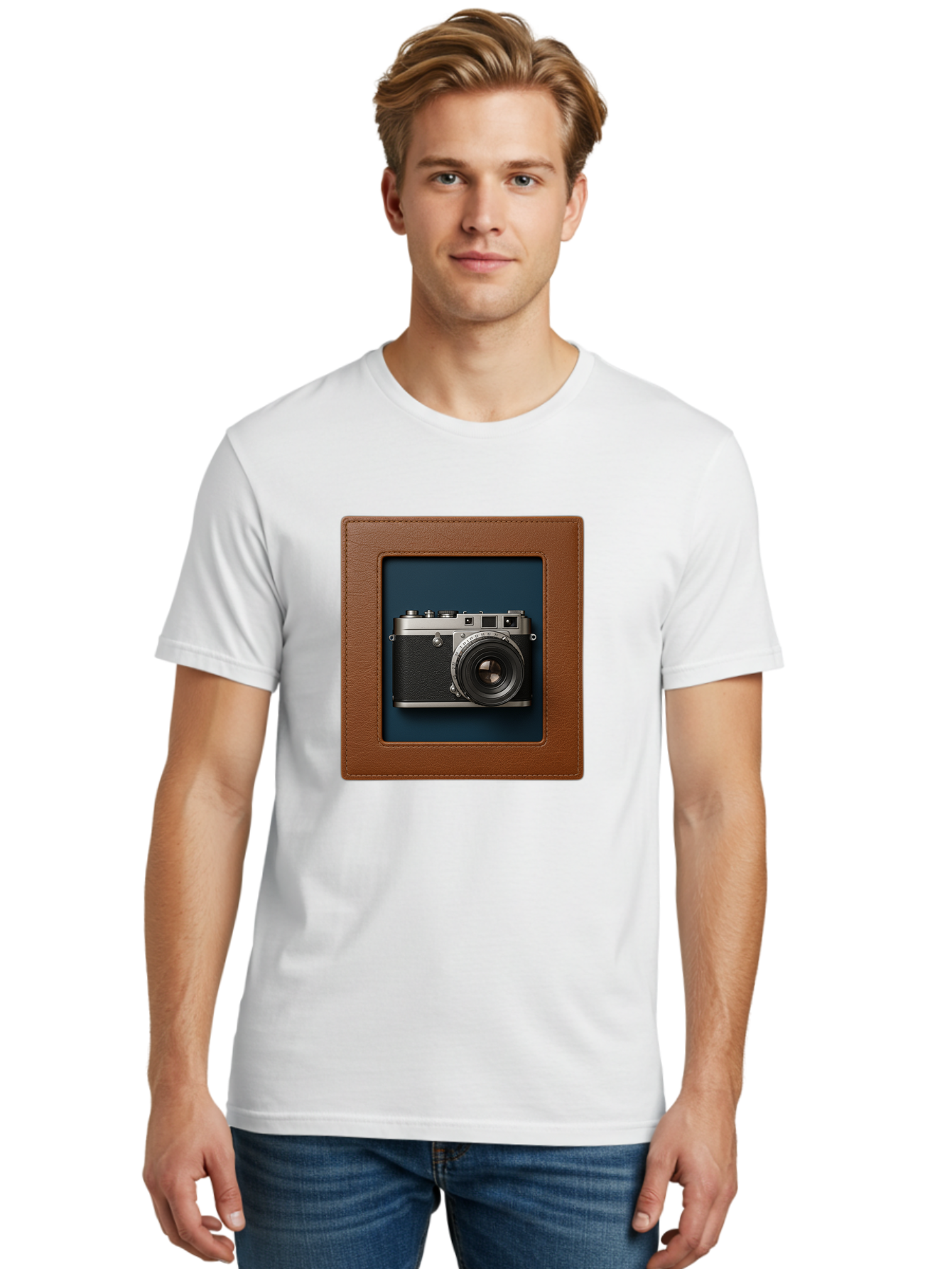 Camera-2 Men'S Graphic Tee, 100% Cotton, Comfortable Casual Summer Wear, Machine Washable, Vintage Camera, Photography Equipment, Leica Camera, Classic Design, Retro Style, Brown Leather Case, Blue Background, Silver Accents Bae367