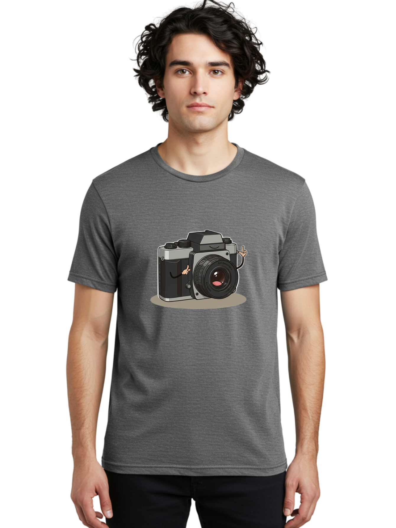 Camera-Character-1 Men'S Graphic Tee, 100% Cotton, Comfortable Casual Summer Wear, Machine Washable, Cartoon Camera, Character Design, Photography, Silver And Black Camera, Lens With Face, Hand Gestures, Funny, Quirky, Playful, Bae370