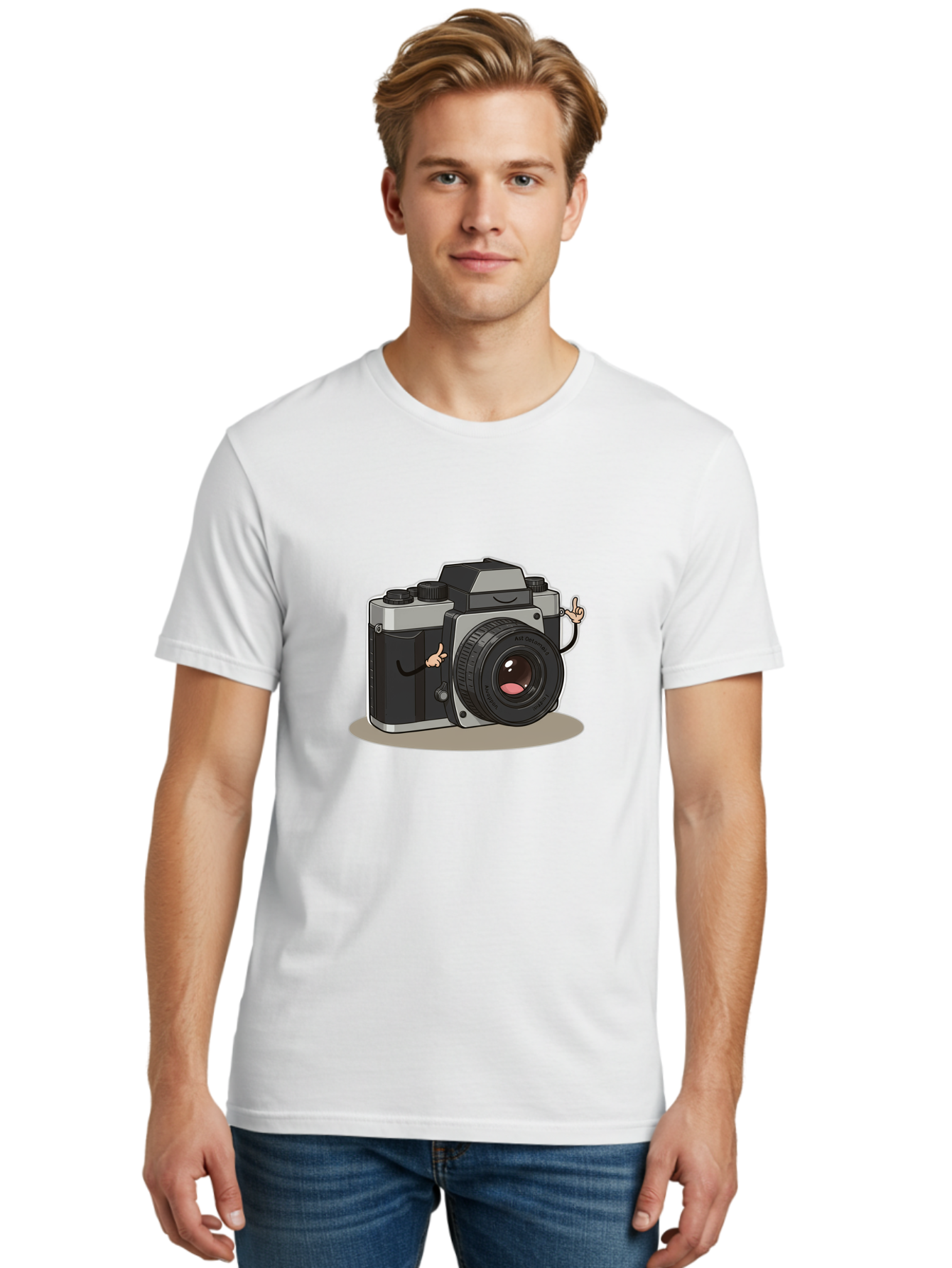 Camera-Character-1 Men'S Graphic Tee, 100% Cotton, Comfortable Casual Summer Wear, Machine Washable, Cartoon Camera, Character Design, Photography, Silver And Black Camera, Lens With Face, Hand Gestures, Funny, Quirky, Playful, Bae370