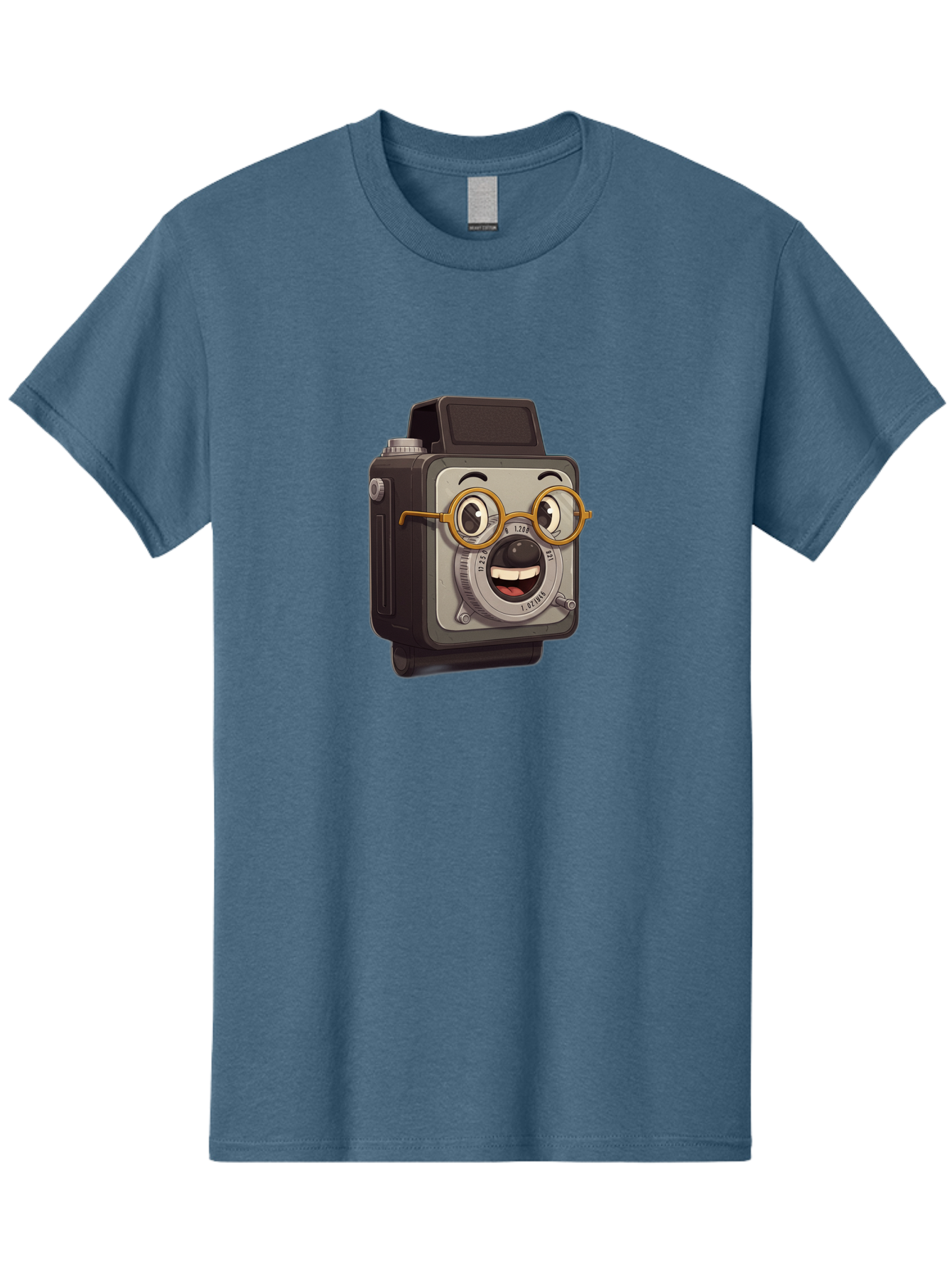 Camera-Character Men'S Graphic Tee, 100% Cotton, Comfortable Casual Summer Wear, Machine Washable, Cartoon Camera, Anthropomorphic Design, Funny Glasses, Goofy Expression, Comedic Character, Playful Illustration, Quirky Personality, Bae371