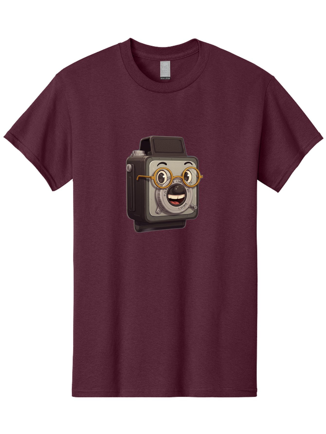 Camera-Character Men'S Graphic Tee, 100% Cotton, Comfortable Casual Summer Wear, Machine Washable, Cartoon Camera, Anthropomorphic Design, Funny Glasses, Goofy Expression, Comedic Character, Playful Illustration, Quirky Personality, Bae371