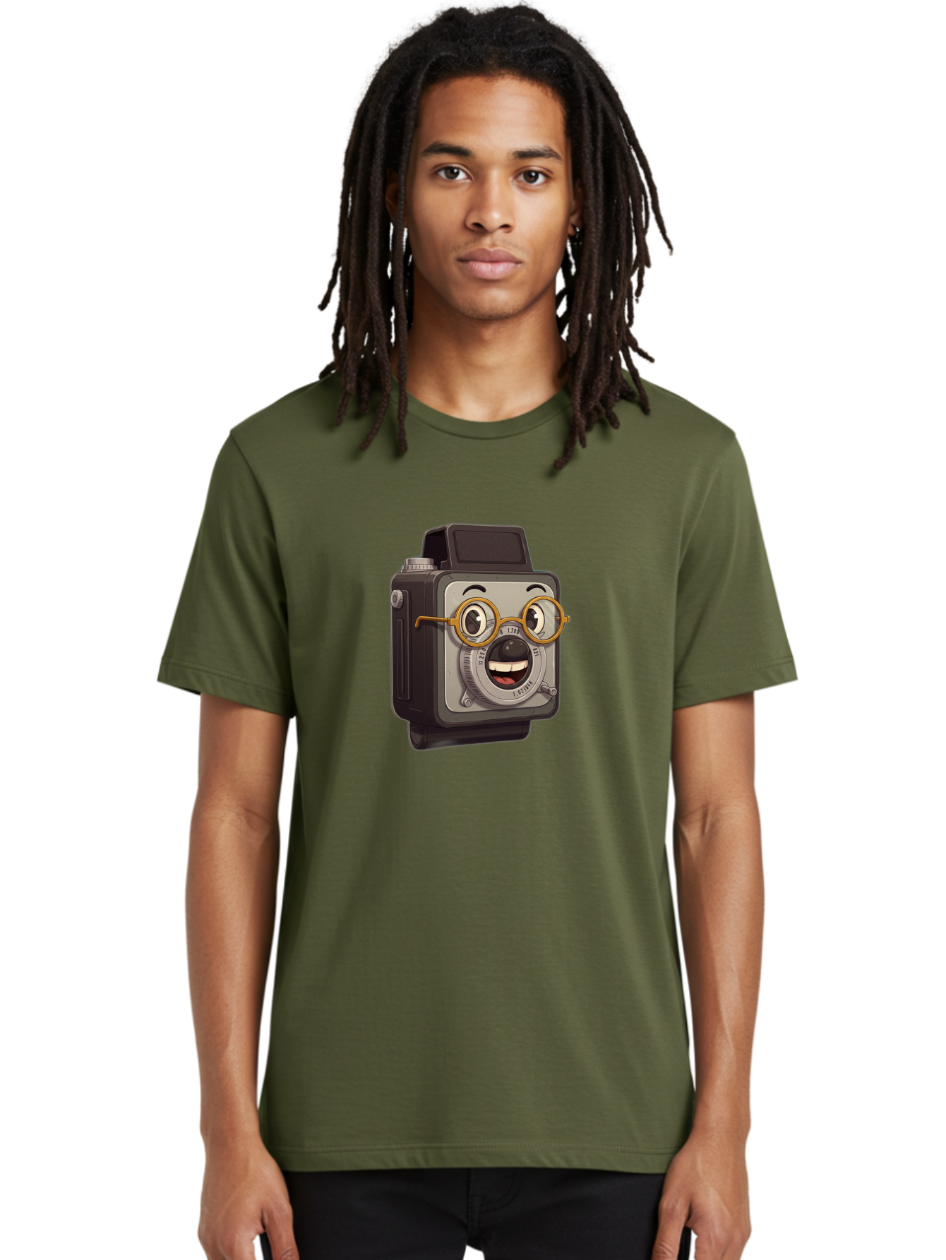 Camera-Character Men'S Graphic Tee, 100% Cotton, Comfortable Casual Summer Wear, Machine Washable, Cartoon Camera, Anthropomorphic Design, Funny Glasses, Goofy Expression, Comedic Character, Playful Illustration, Quirky Personality, Bae371