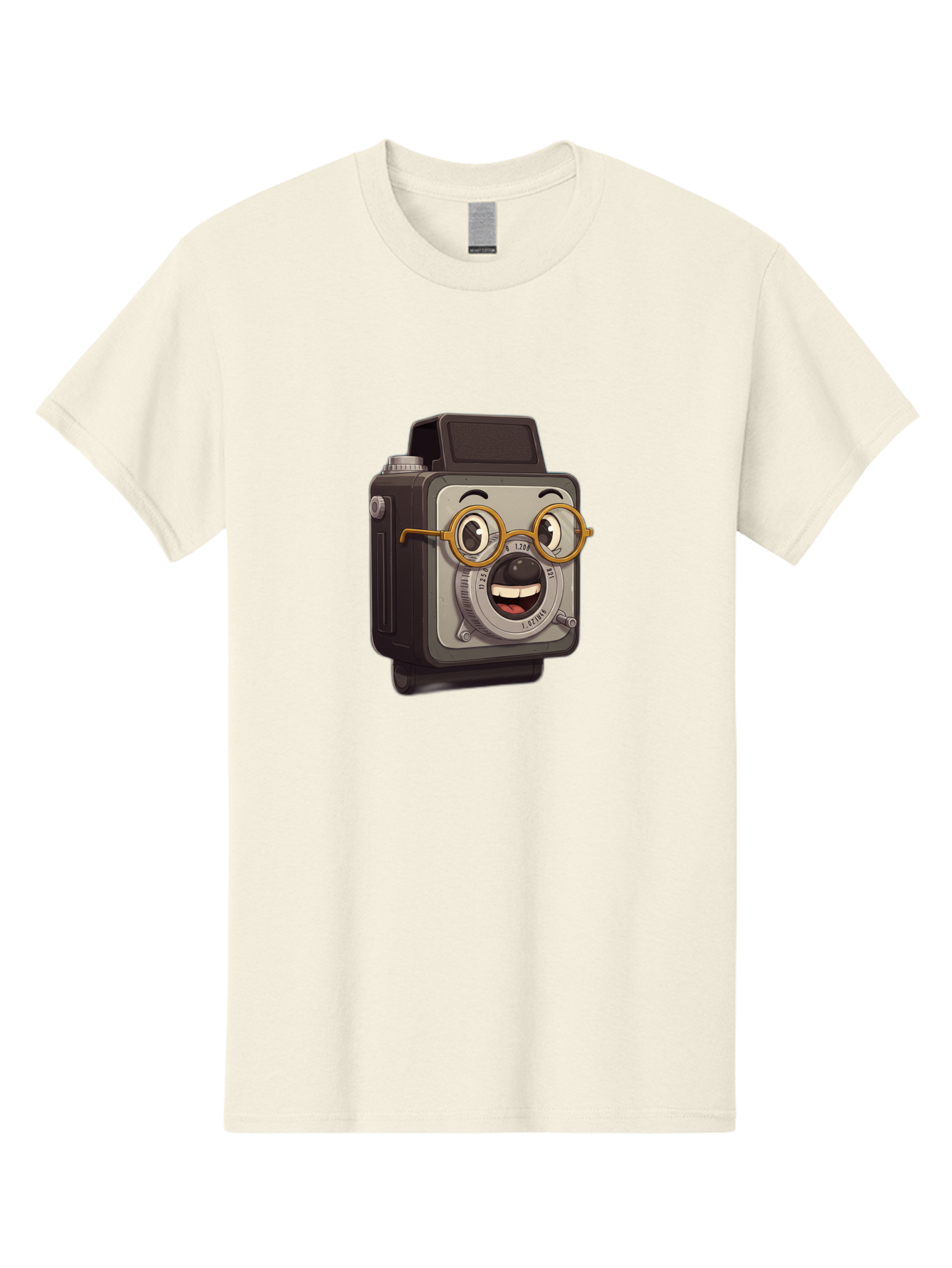 Camera-Character Men'S Graphic Tee, 100% Cotton, Comfortable Casual Summer Wear, Machine Washable, Cartoon Camera, Anthropomorphic Design, Funny Glasses, Goofy Expression, Comedic Character, Playful Illustration, Quirky Personality, Bae371