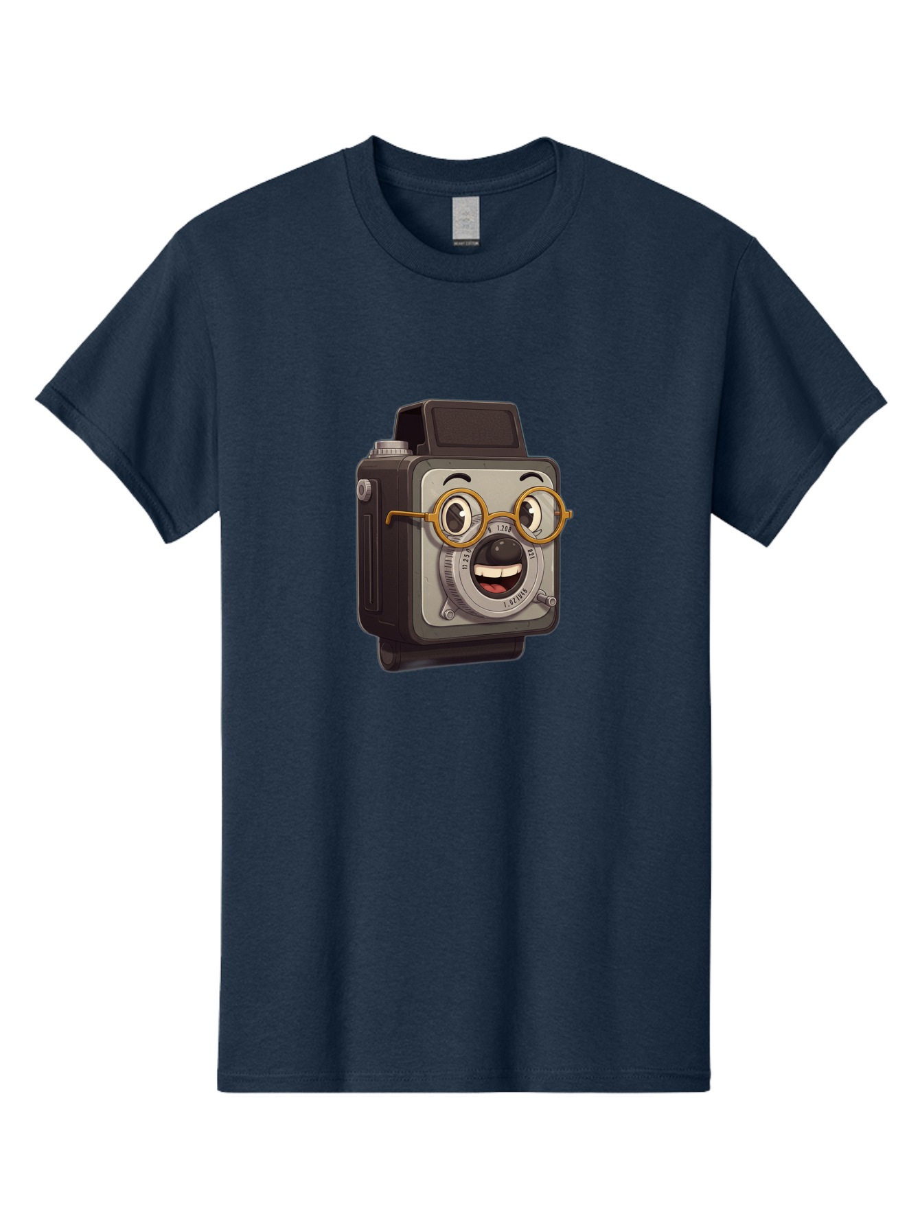 Camera-Character Men'S Graphic Tee, 100% Cotton, Comfortable Casual Summer Wear, Machine Washable, Cartoon Camera, Anthropomorphic Design, Funny Glasses, Goofy Expression, Comedic Character, Playful Illustration, Quirky Personality, Bae371