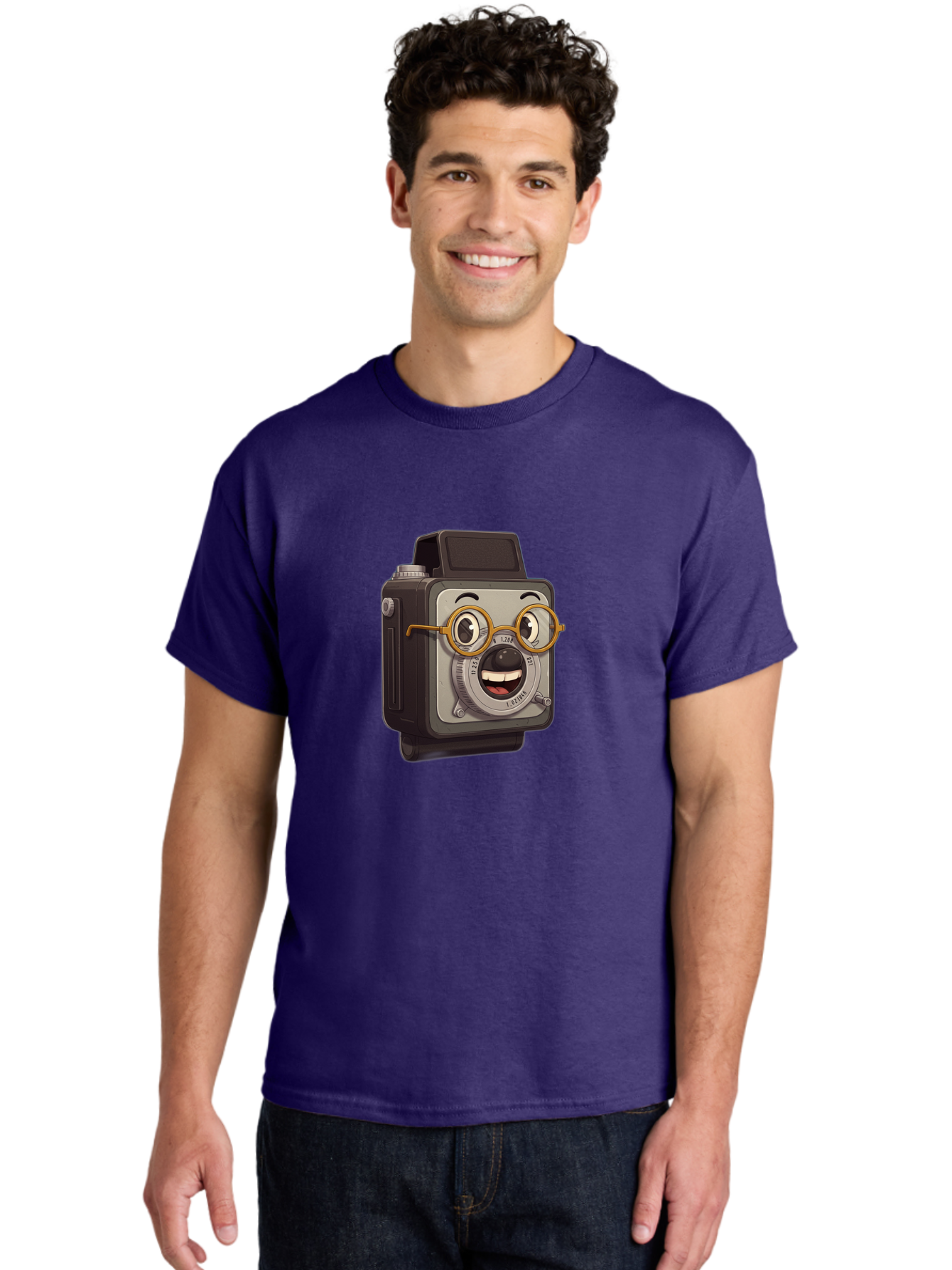 Camera-Character Men'S Graphic Tee, 100% Cotton, Comfortable Casual Summer Wear, Machine Washable, Cartoon Camera, Anthropomorphic Design, Funny Glasses, Goofy Expression, Comedic Character, Playful Illustration, Quirky Personality, Bae371