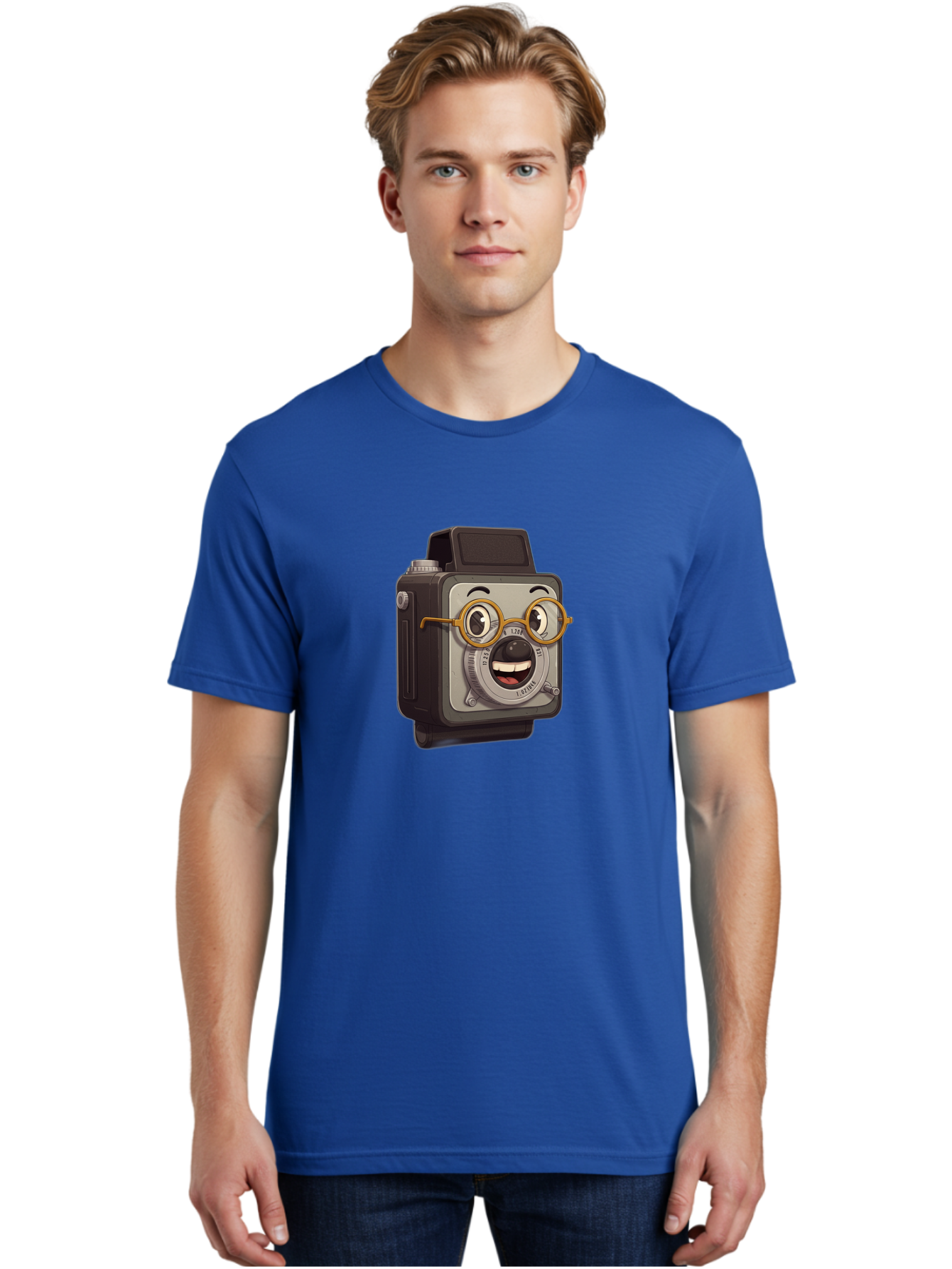 Camera-Character Men'S Graphic Tee, 100% Cotton, Comfortable Casual Summer Wear, Machine Washable, Cartoon Camera, Anthropomorphic Design, Funny Glasses, Goofy Expression, Comedic Character, Playful Illustration, Quirky Personality, Bae371